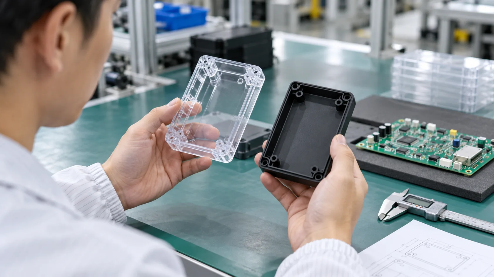 Factory engineer comparing polycarbonate and ABS enclosure samples at an electronics assembly bench