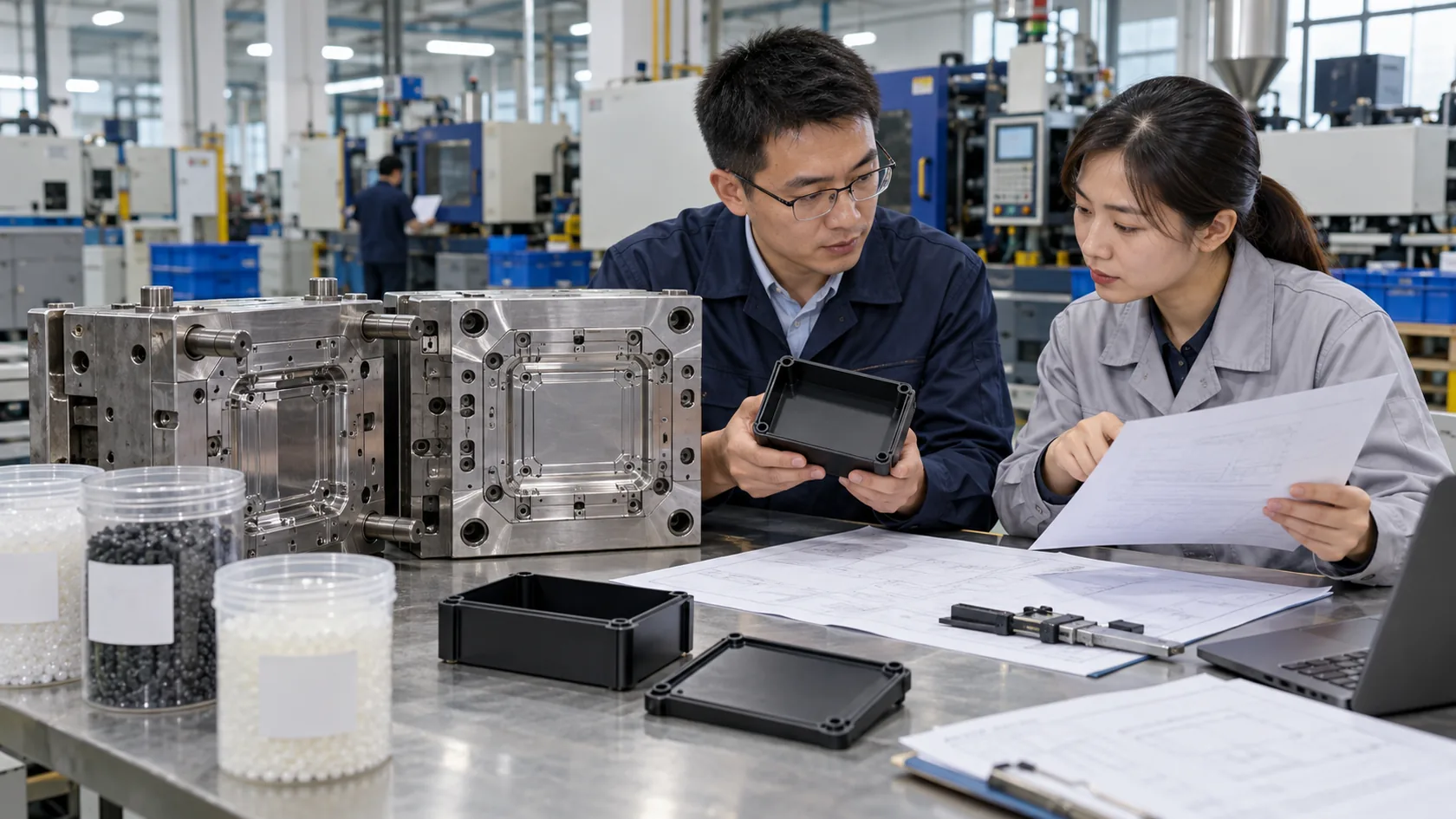 Factory team reviewing a polycarbonate enclosure tool and material-change request