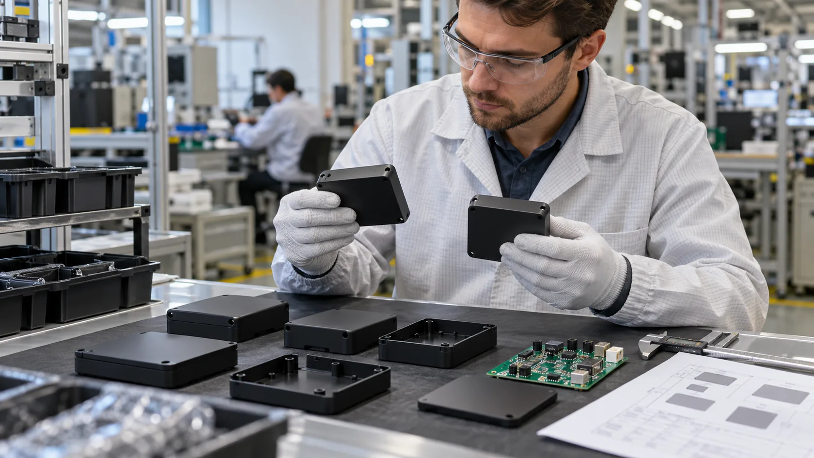 Engineer comparing ABS electronic enclosure samples with a PCB and material specification