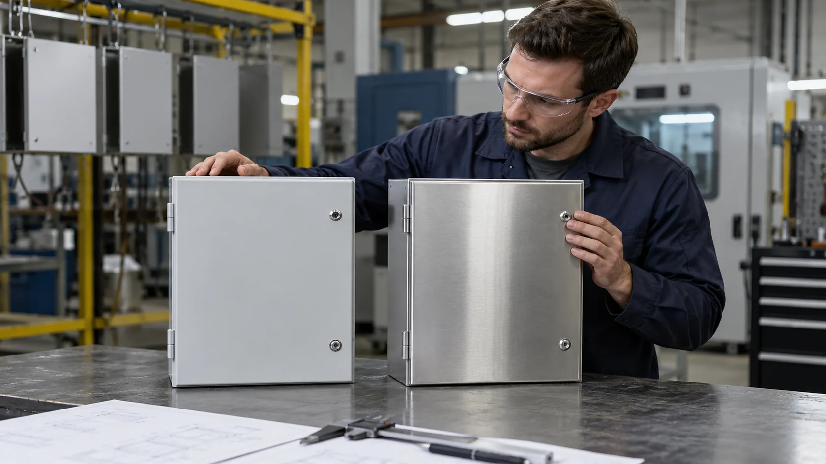 Engineer comparing carbon steel and stainless steel enclosure samples on a factory workbench