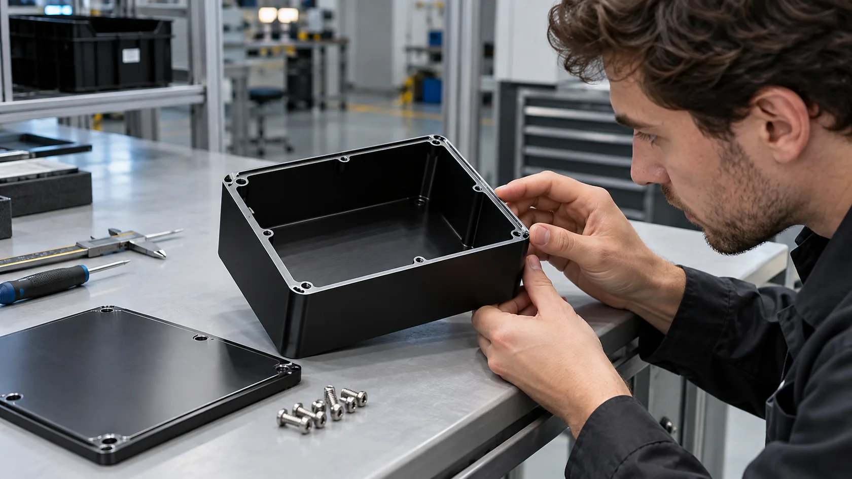 Engineer inspecting the mating rim of a black anodized aluminum enclosure
