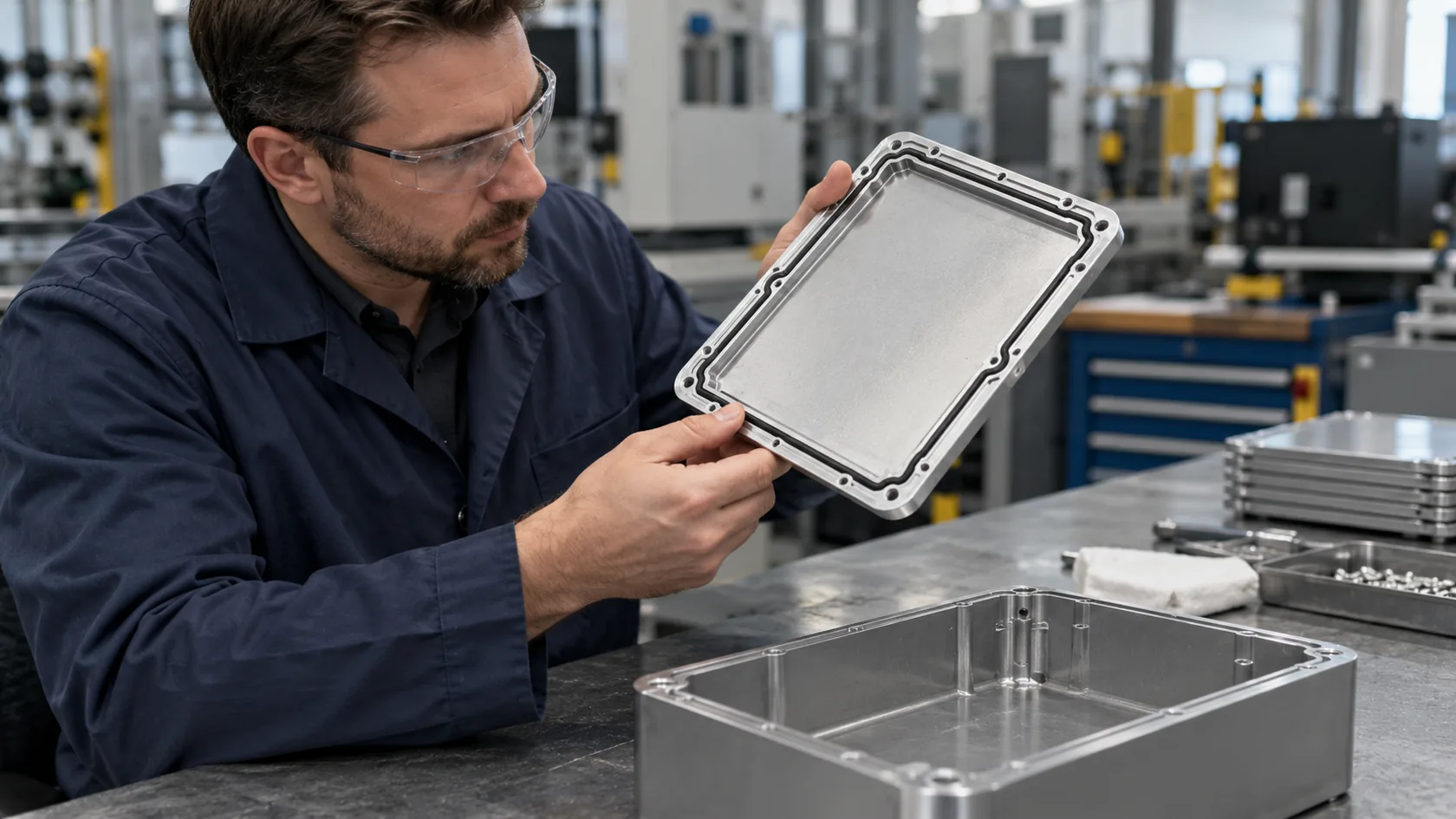 Engineer inspecting a metal enclosure lid and gasket at a workbench