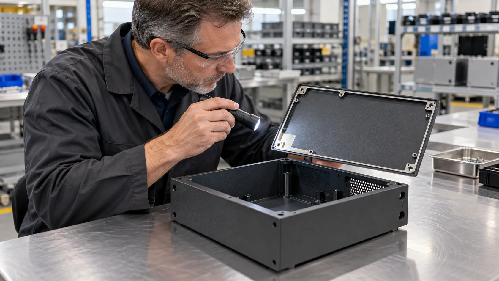 Factory engineer inspecting an uncoated EMC contact land on a powder-coated enclosure
