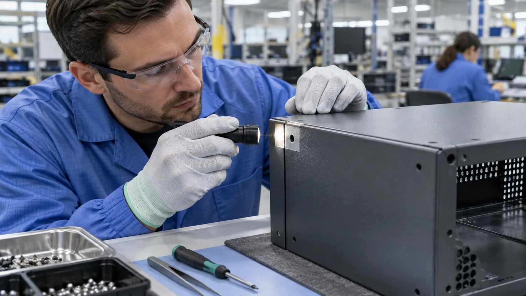 EMC engineer inspecting a conductive enclosure seam on a production sample