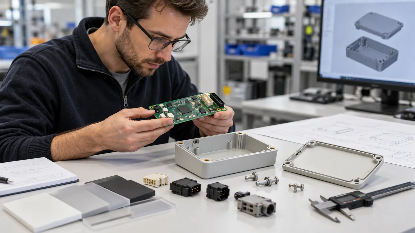 Product engineer reviewing a PCB, connectors and enclosure requirements beside material samples