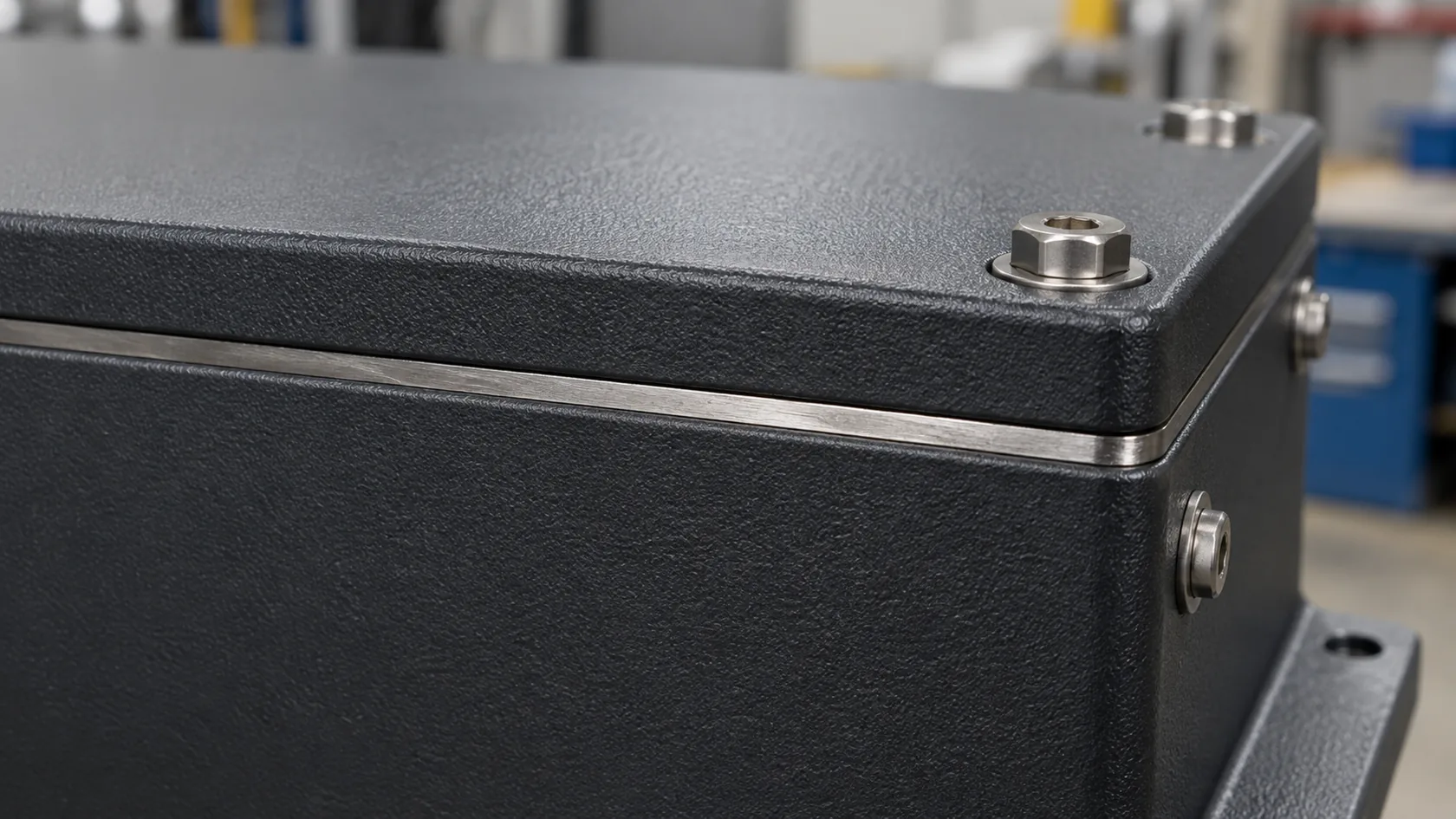 Powder-coated enclosure flange with a narrow bare-metal EMC contact strip