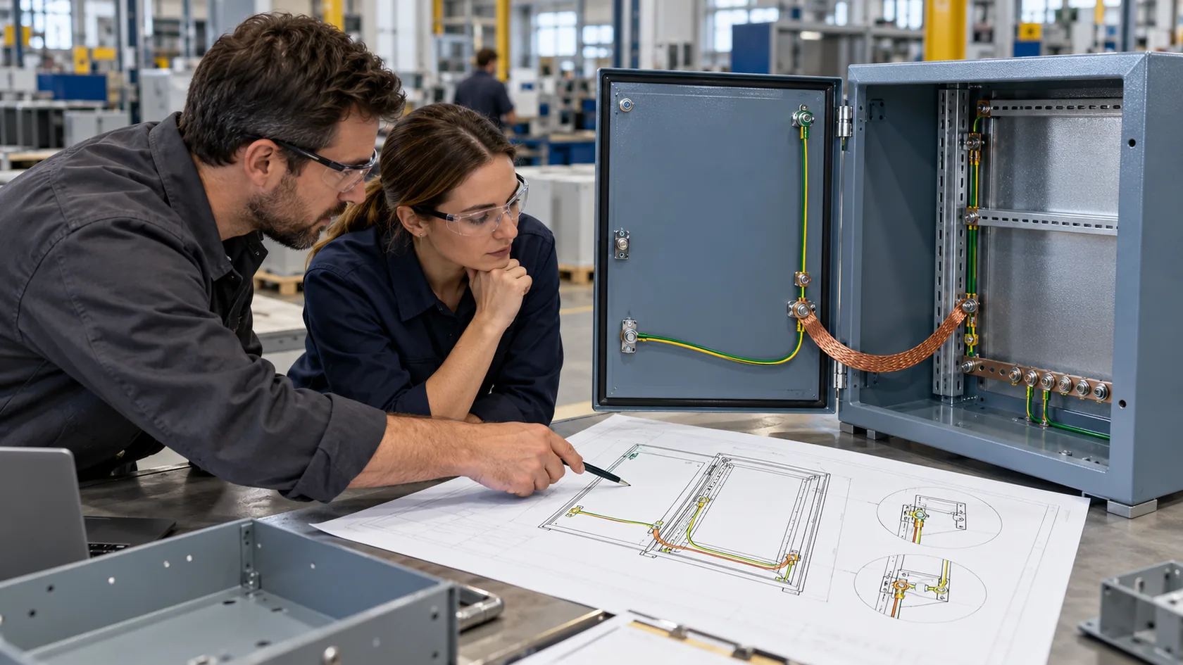Engineers tracing grounding and bonding paths on a powder-coated control enclosure