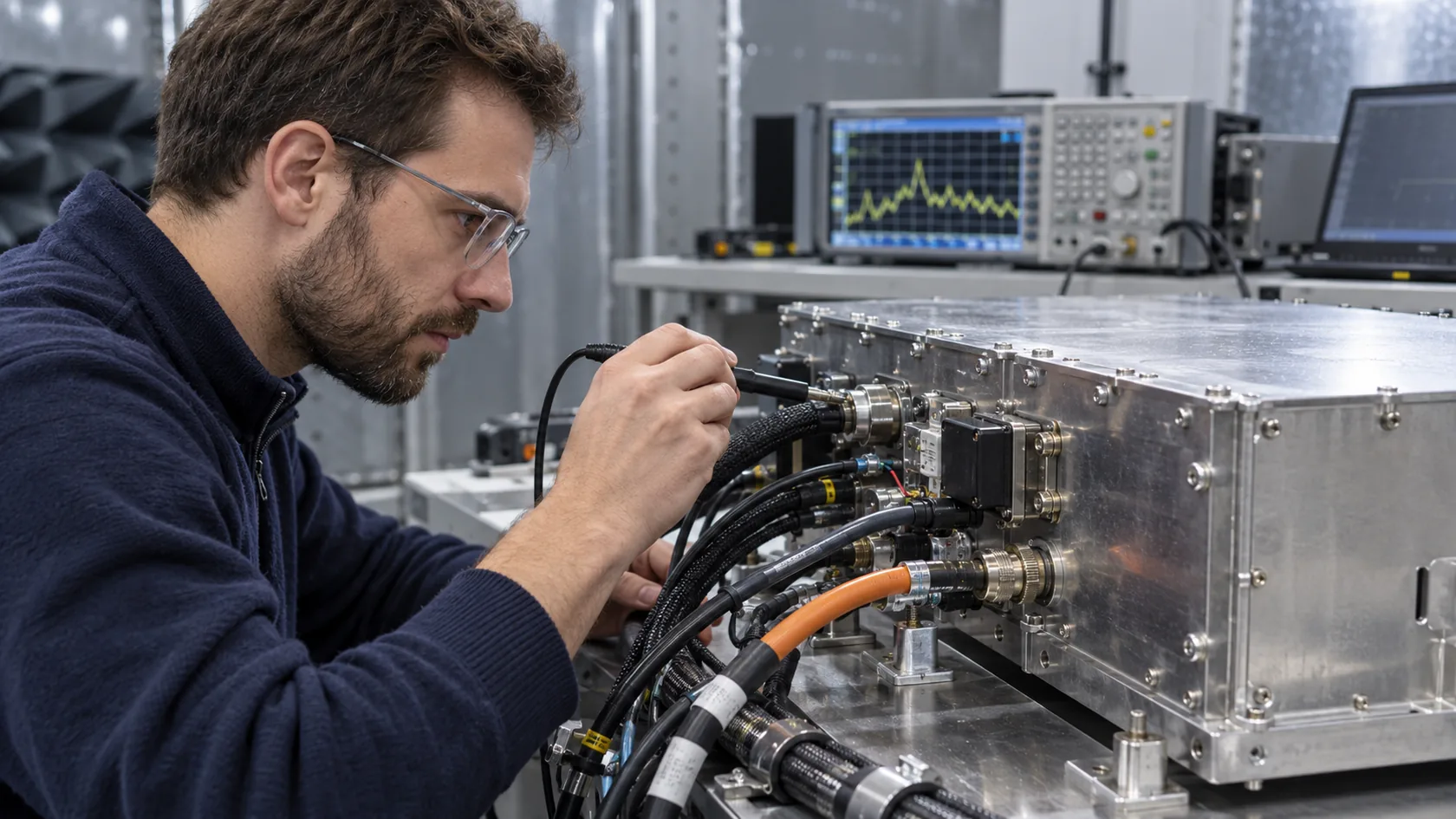 EMC engineer examining an enclosure and cables during diagnostic testing