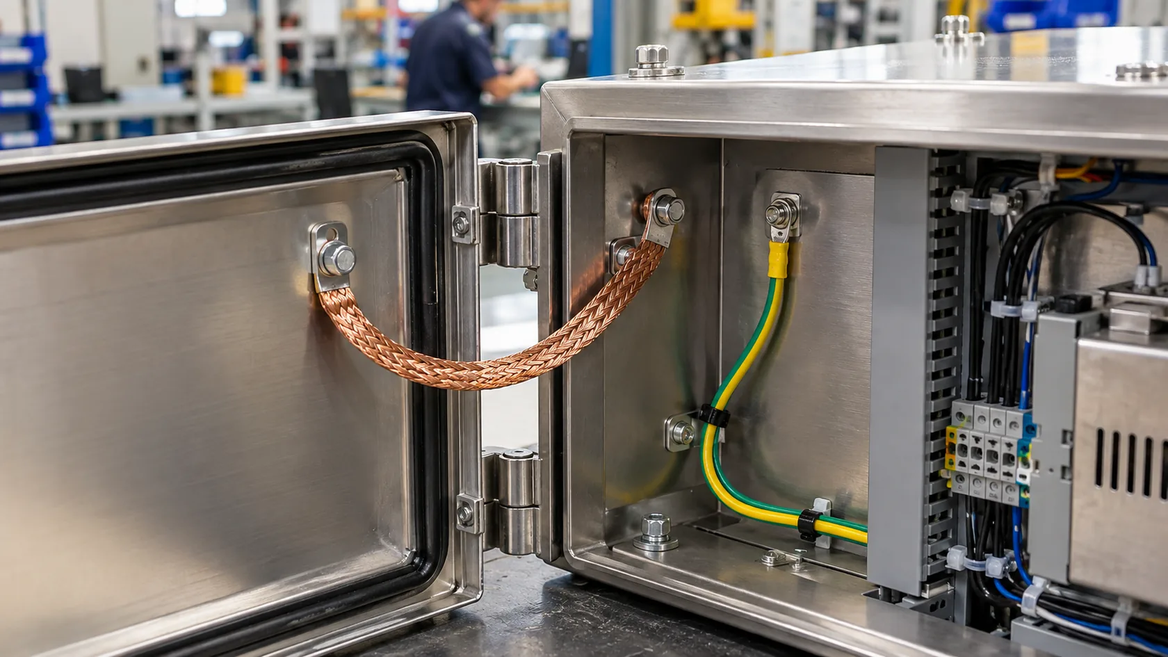 Close inspection of grounding and bonding connections inside an industrial enclosure