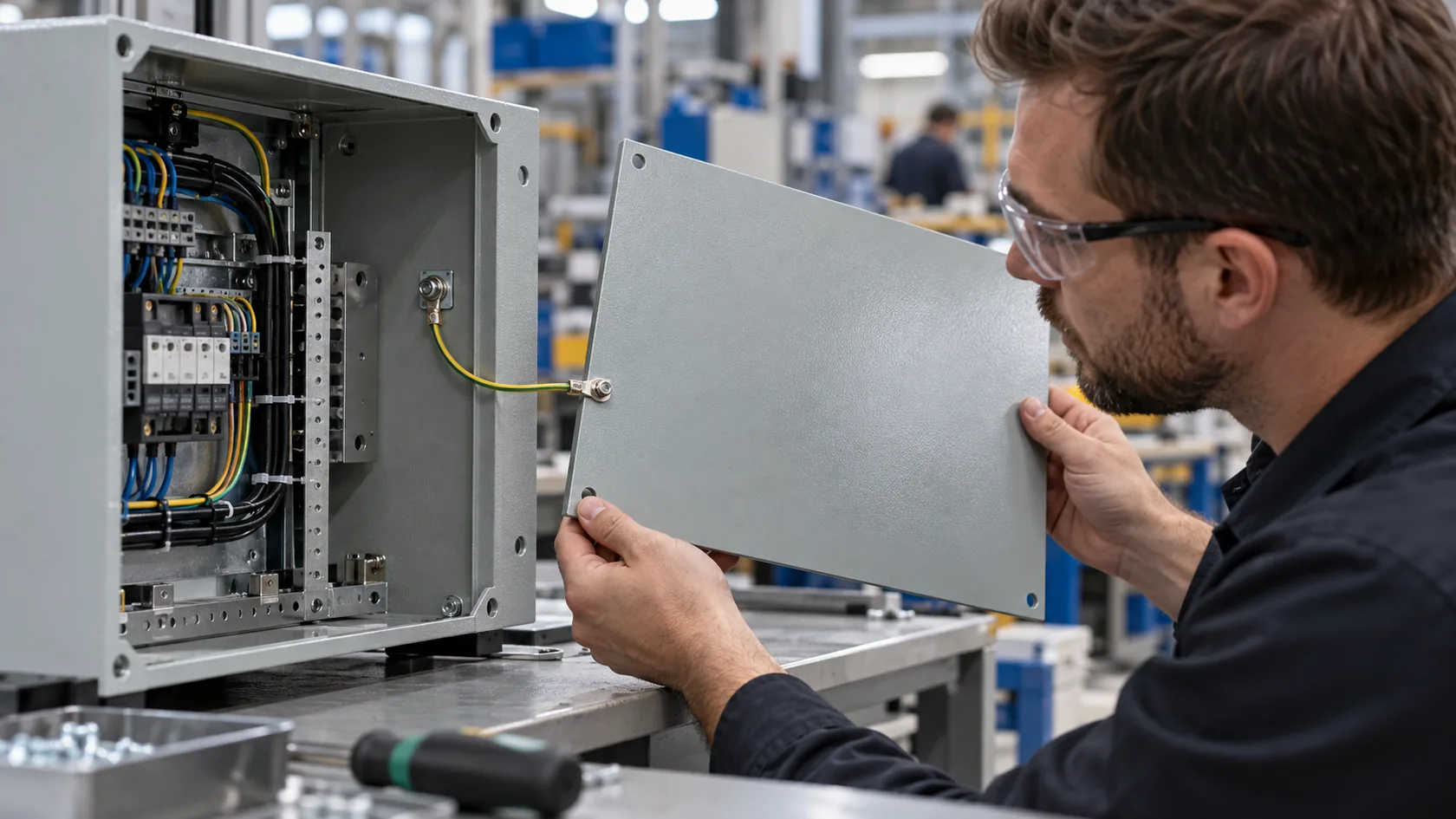 Engineer comparing protective-earth terminal and removable enclosure cover in an industrial design review
