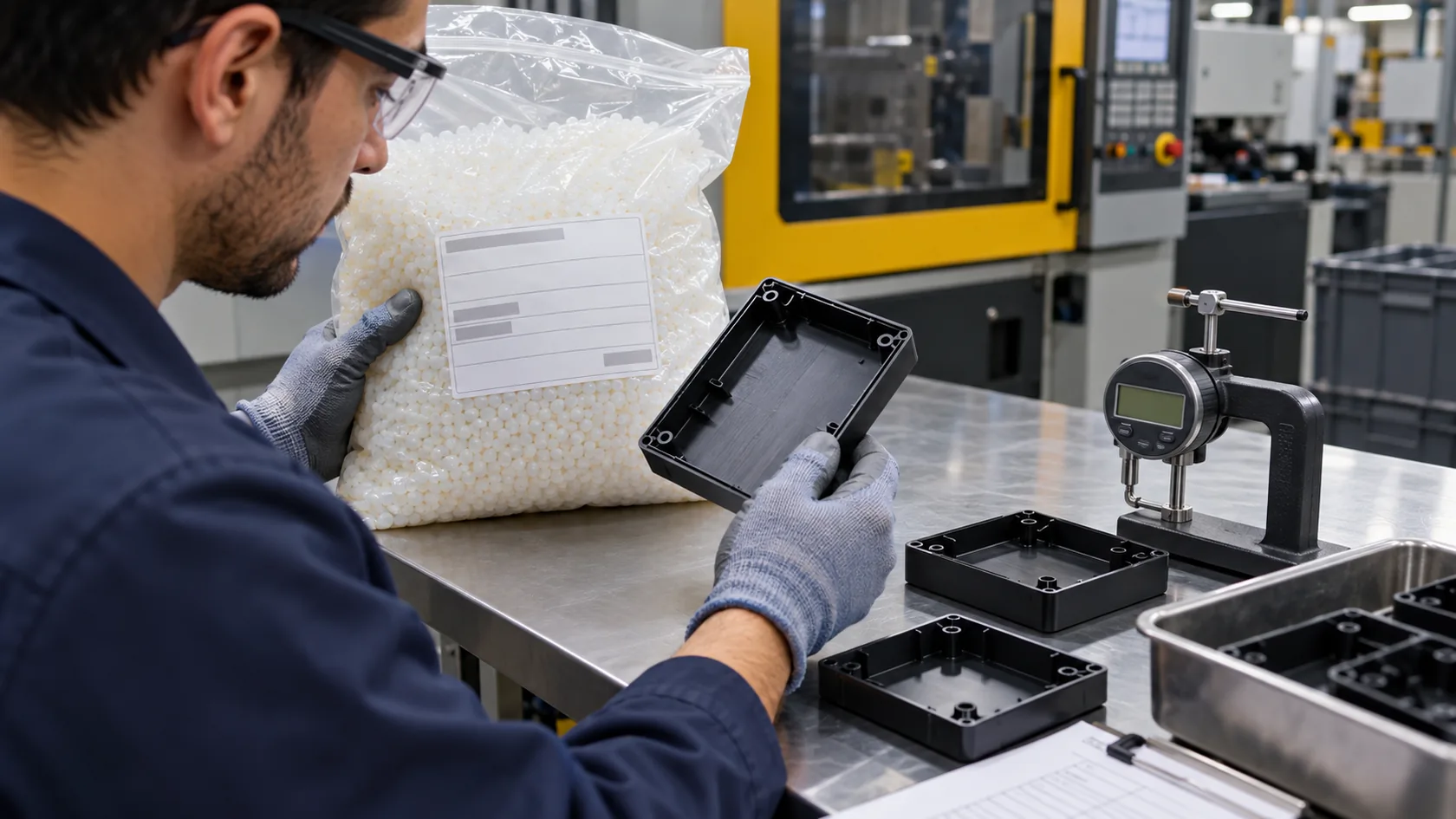 Quality engineer checking ABS resin grade label and enclosure wall thickness