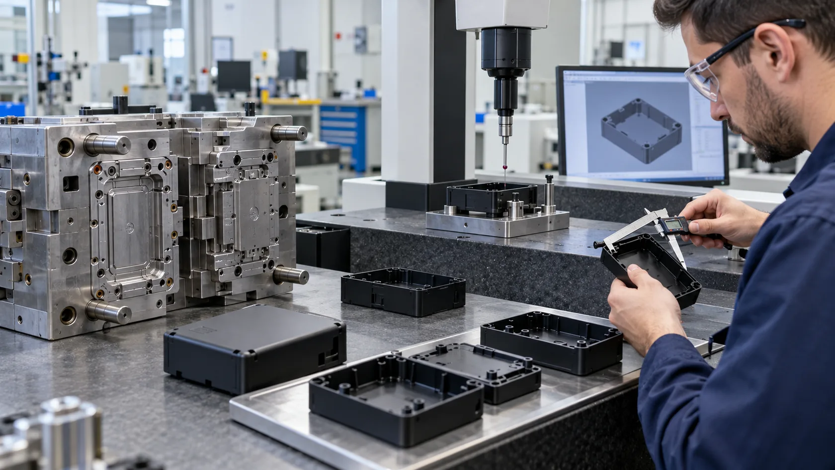 Injection mold and enclosure samples being measured for material-specific shrinkage