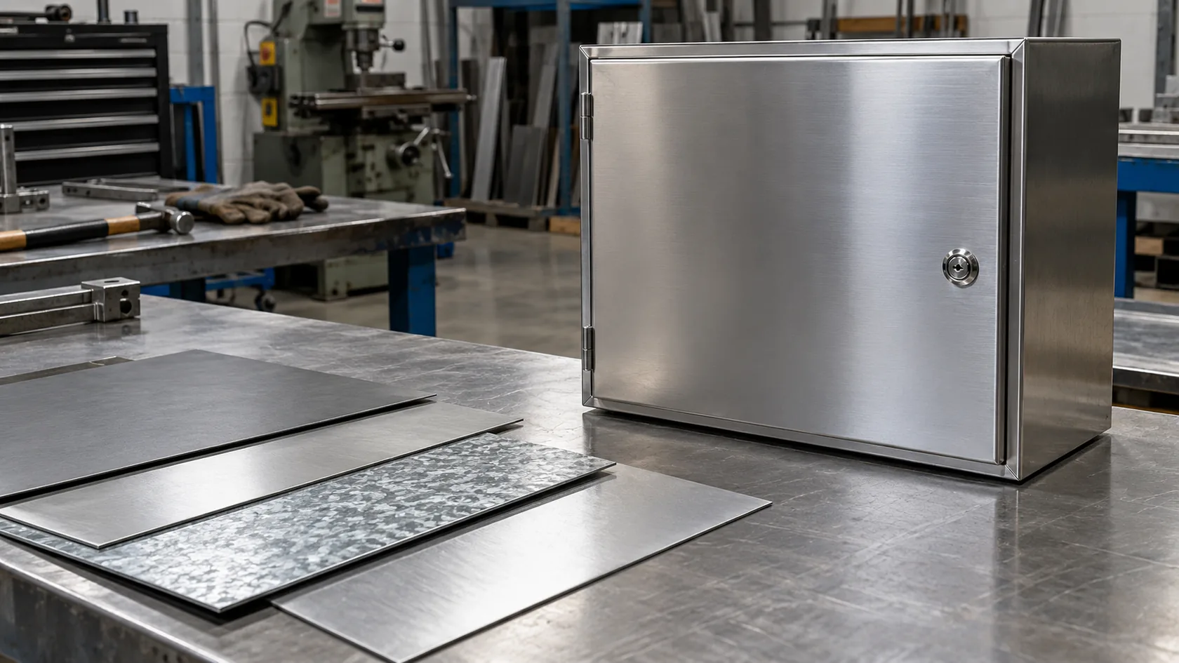 Steel sheet samples and a stainless enclosure on a fabrication workshop bench