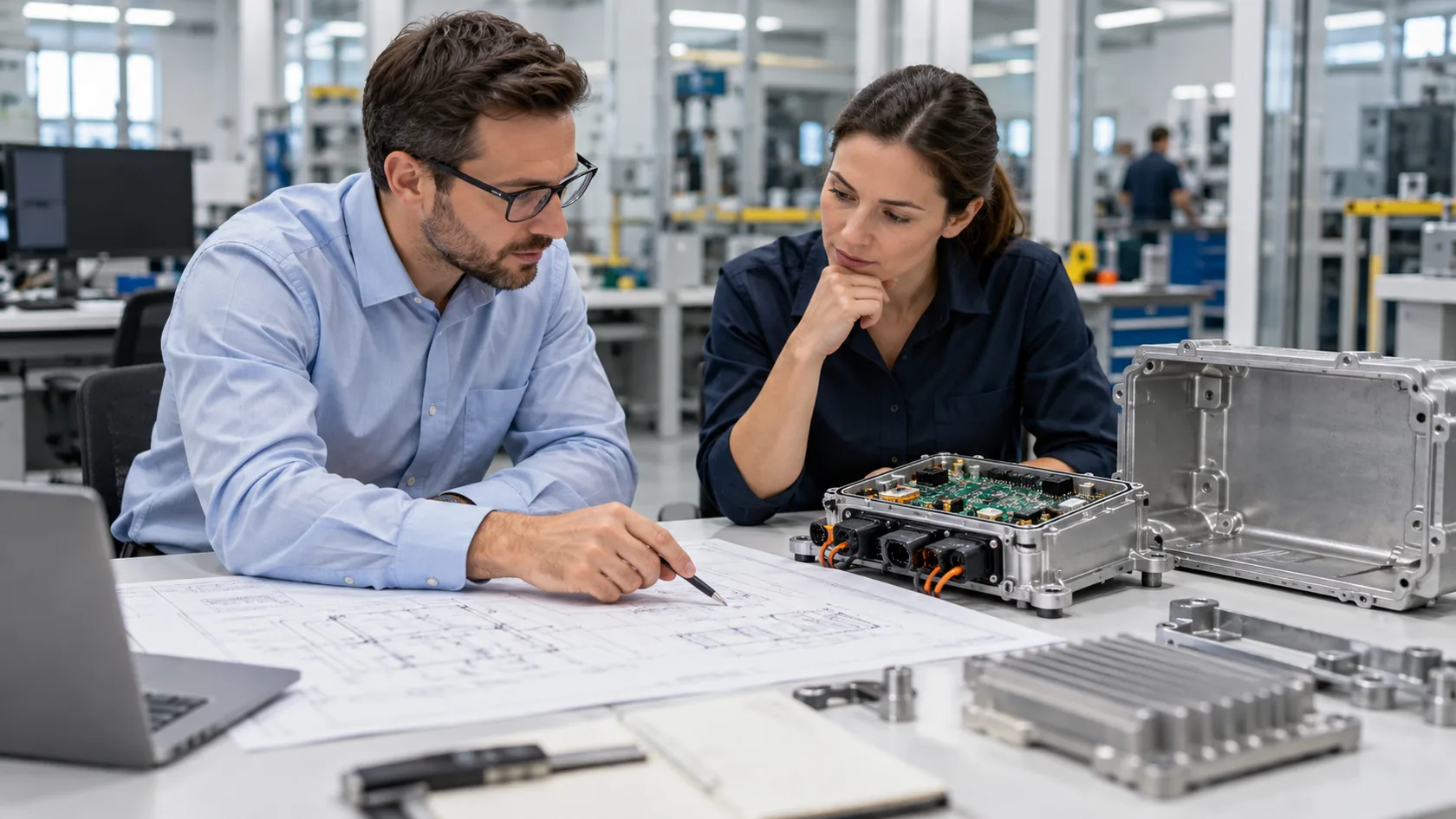 Engineering team reviewing an EMC test plan beside industrial electronic equipment