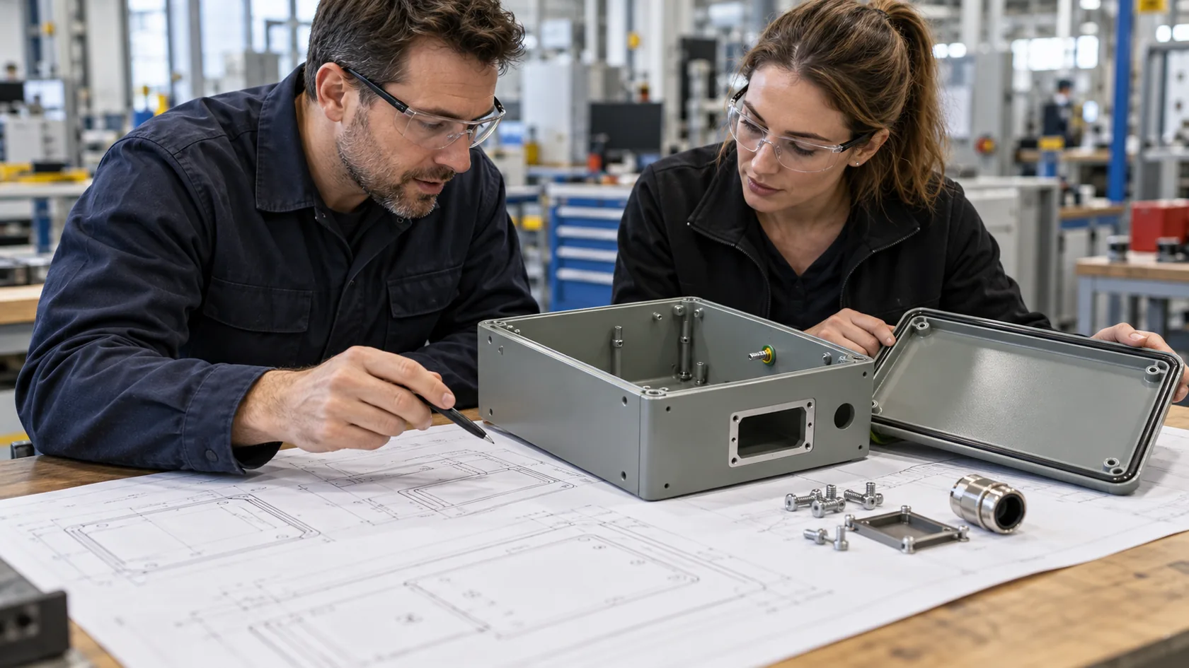 Engineers reviewing enclosure bonding interfaces on a mechanical drawing