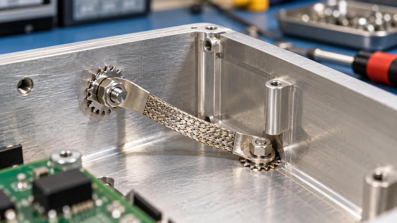Close-up of bare metal bonding points and grounding strap inside an electronics enclosure