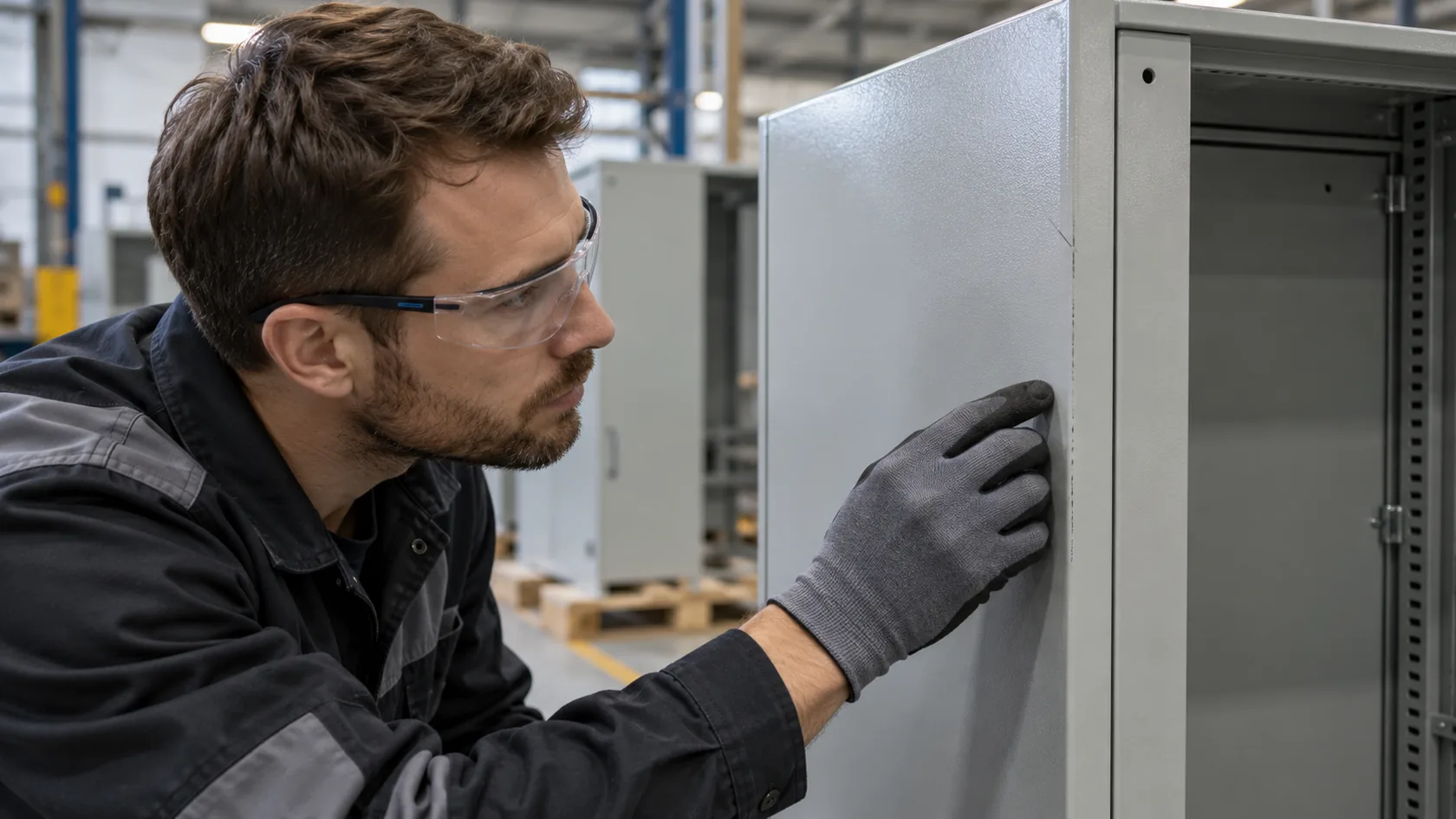 Technician inspecting a powder coated steel cabinet cut edge and coating damage
