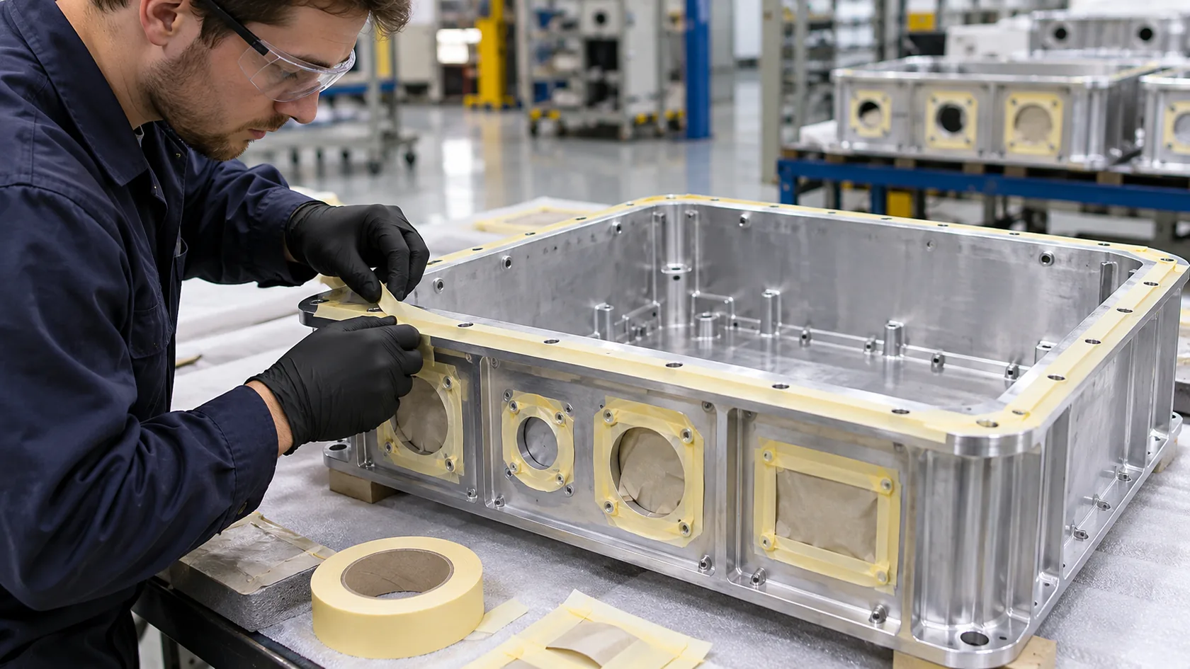 Technician masking aluminum enclosure contact surfaces before finishing