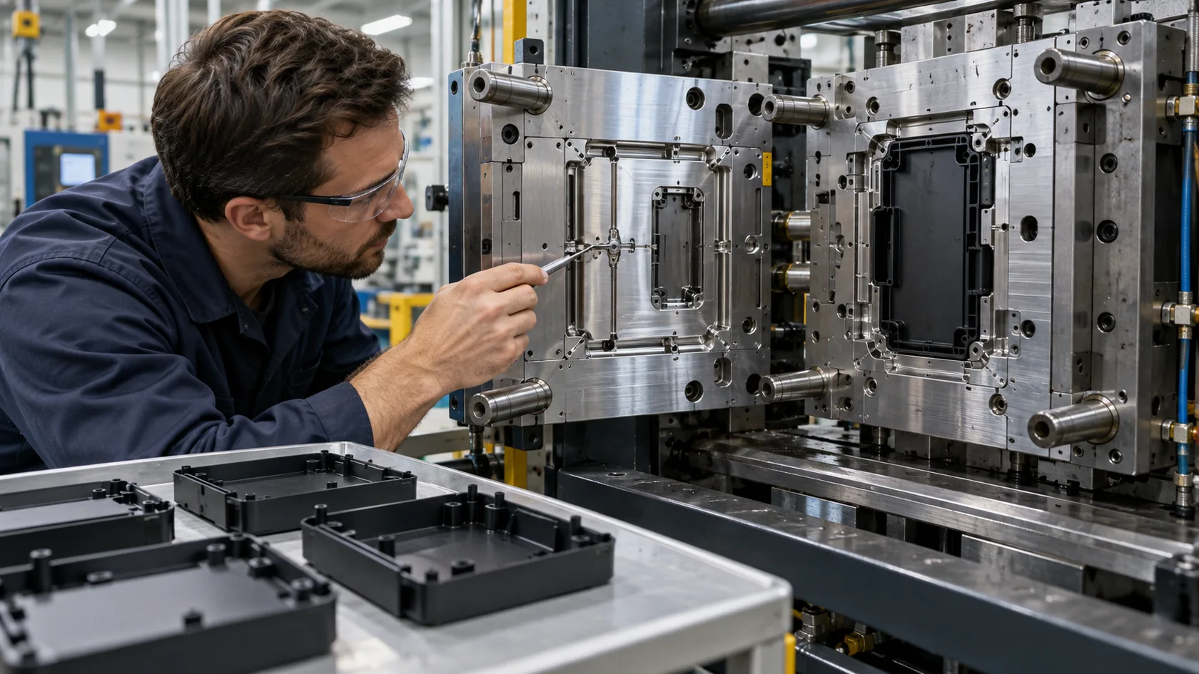 Molding technician inspecting gate and runner flow on an electronic enclosure tool