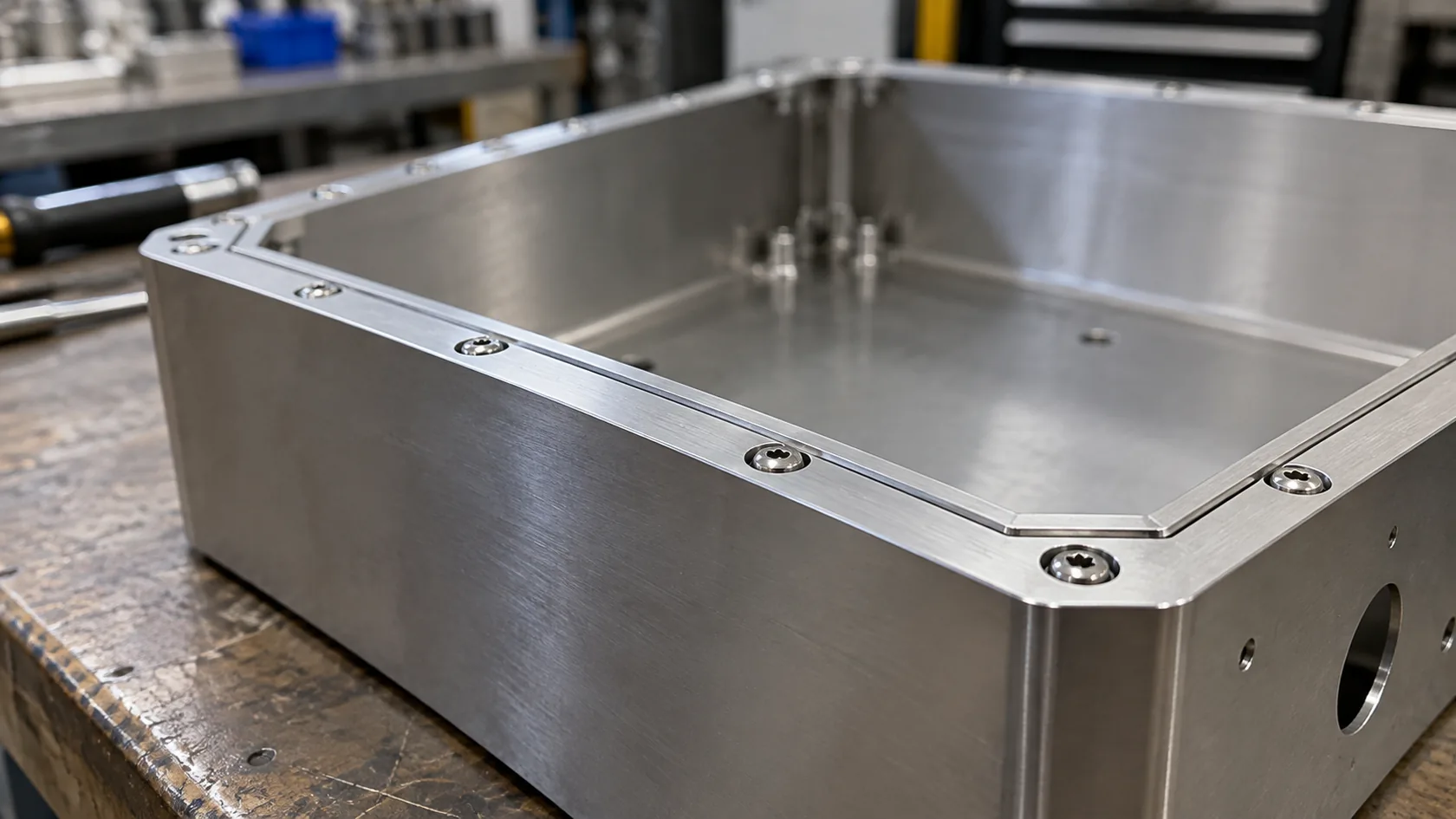 Sheet metal enclosure flange with screws and mating surfaces on a workbench