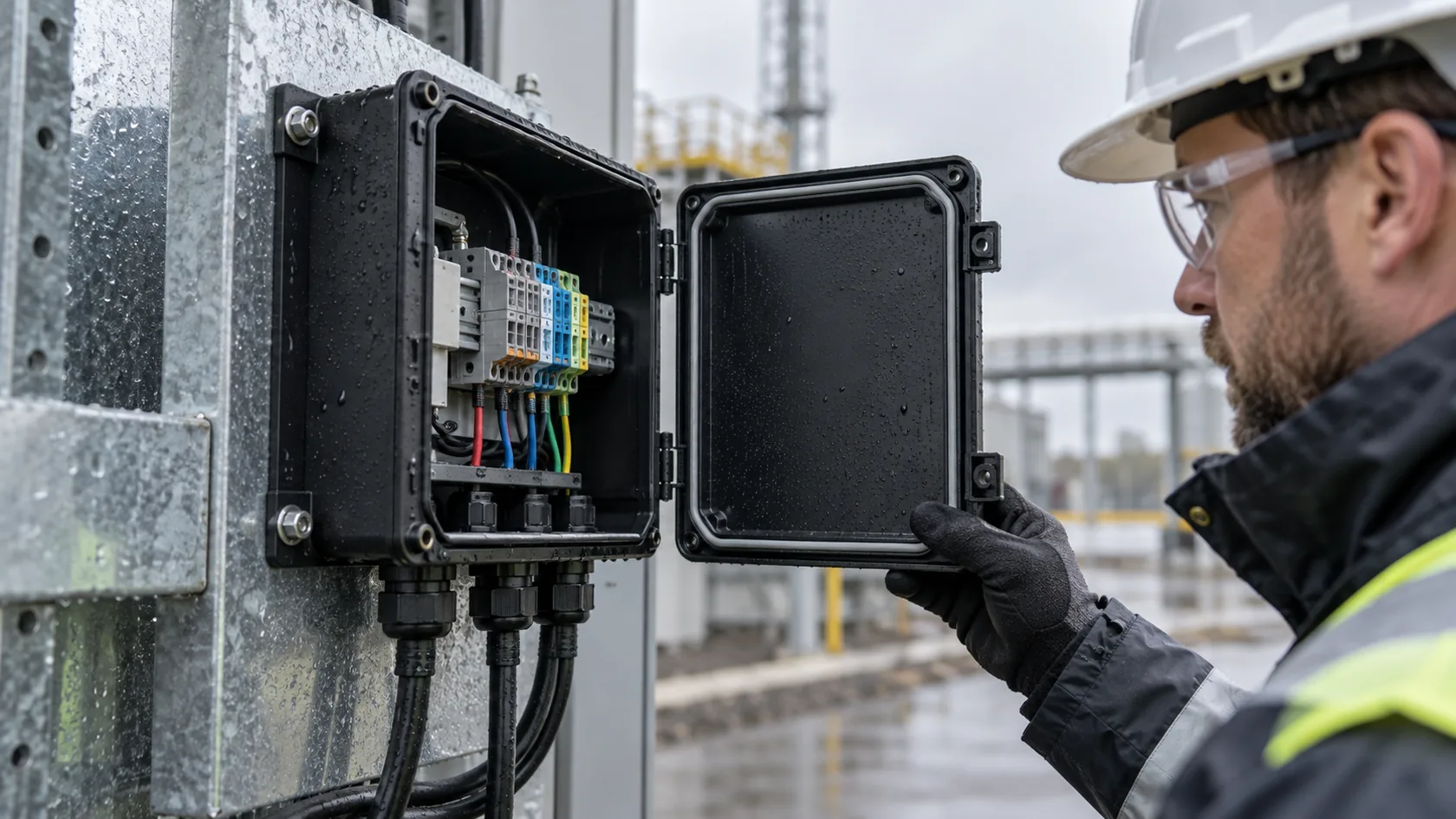 Outdoor ABS electronic enclosure evaluated with cable glands and weather exposure equipment