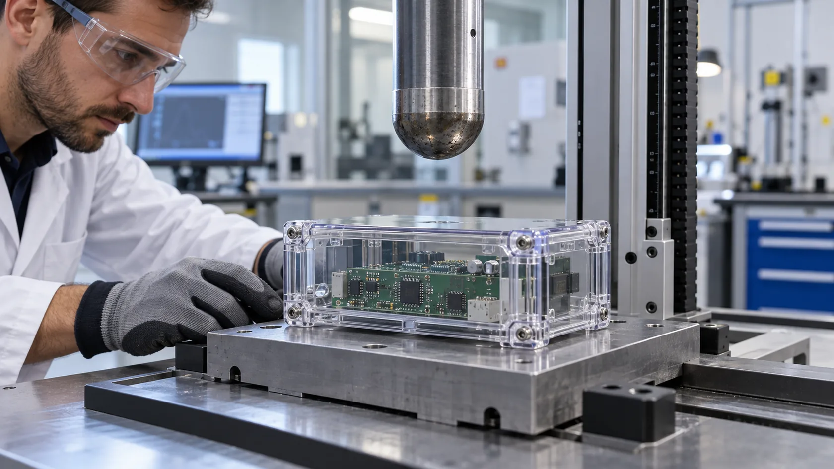 Transparent polycarbonate electronic enclosure undergoing impact review in a product test laboratory