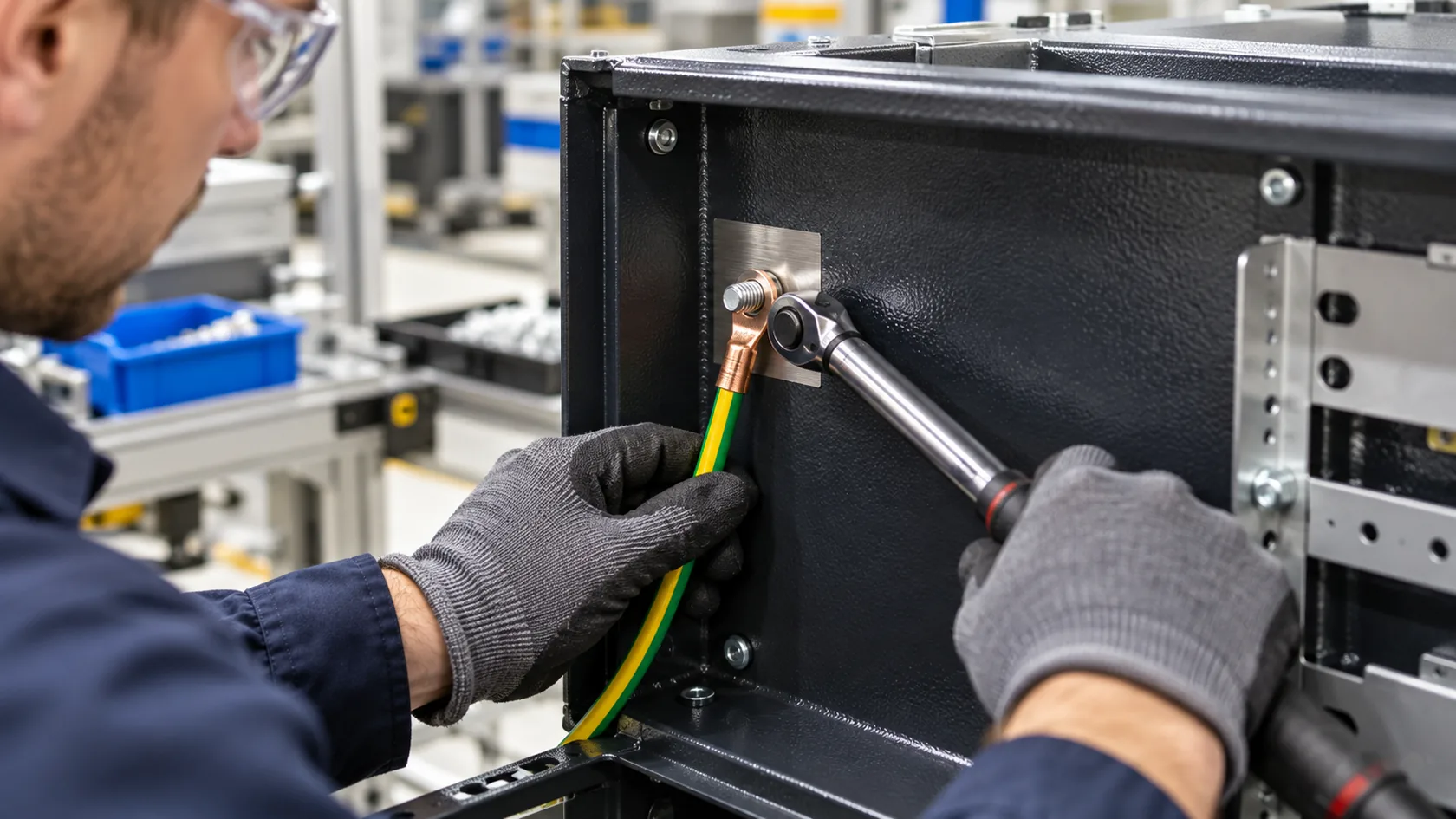 Technician torquing a protective-earth lug onto a masked metal contact land inside a powder-coated enclosure