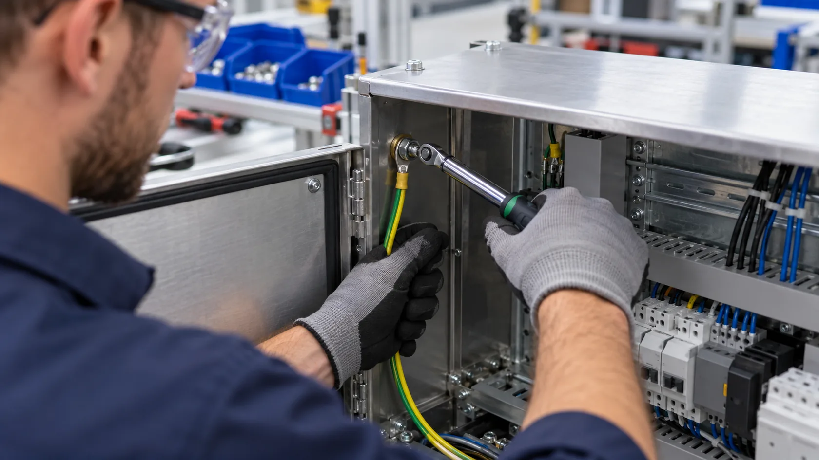 Technician torquing a protective earth wire onto a dedicated enclosure terminal