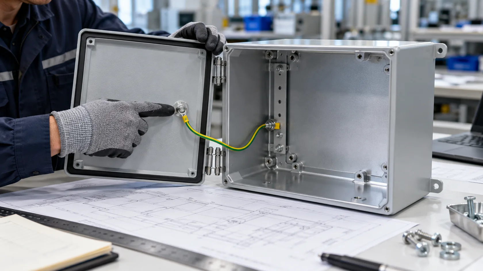 Close view of bolted aluminum enclosure seam with prepared metal contact land