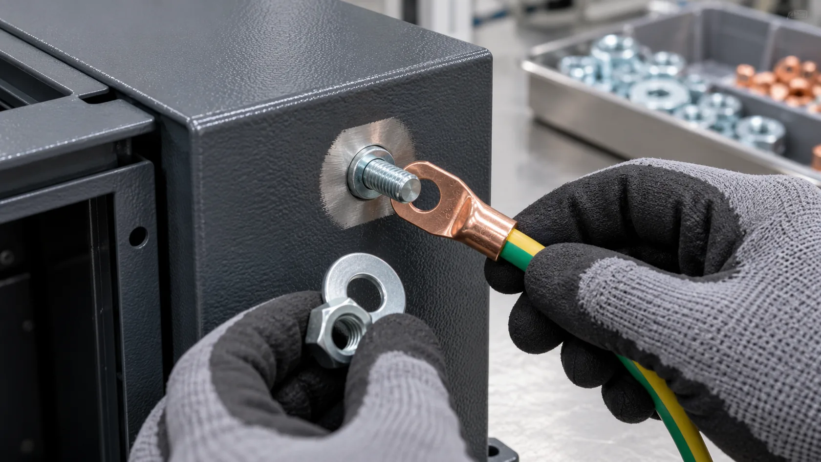 Prepared bare-metal contact land and grounding stud on a powder-coated steel enclosure