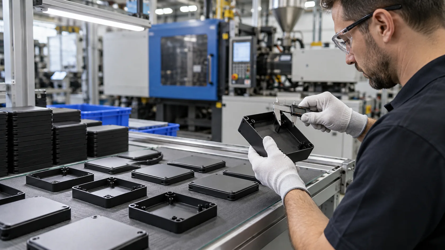 Matte black ABS electronic enclosure parts being inspected after injection molding