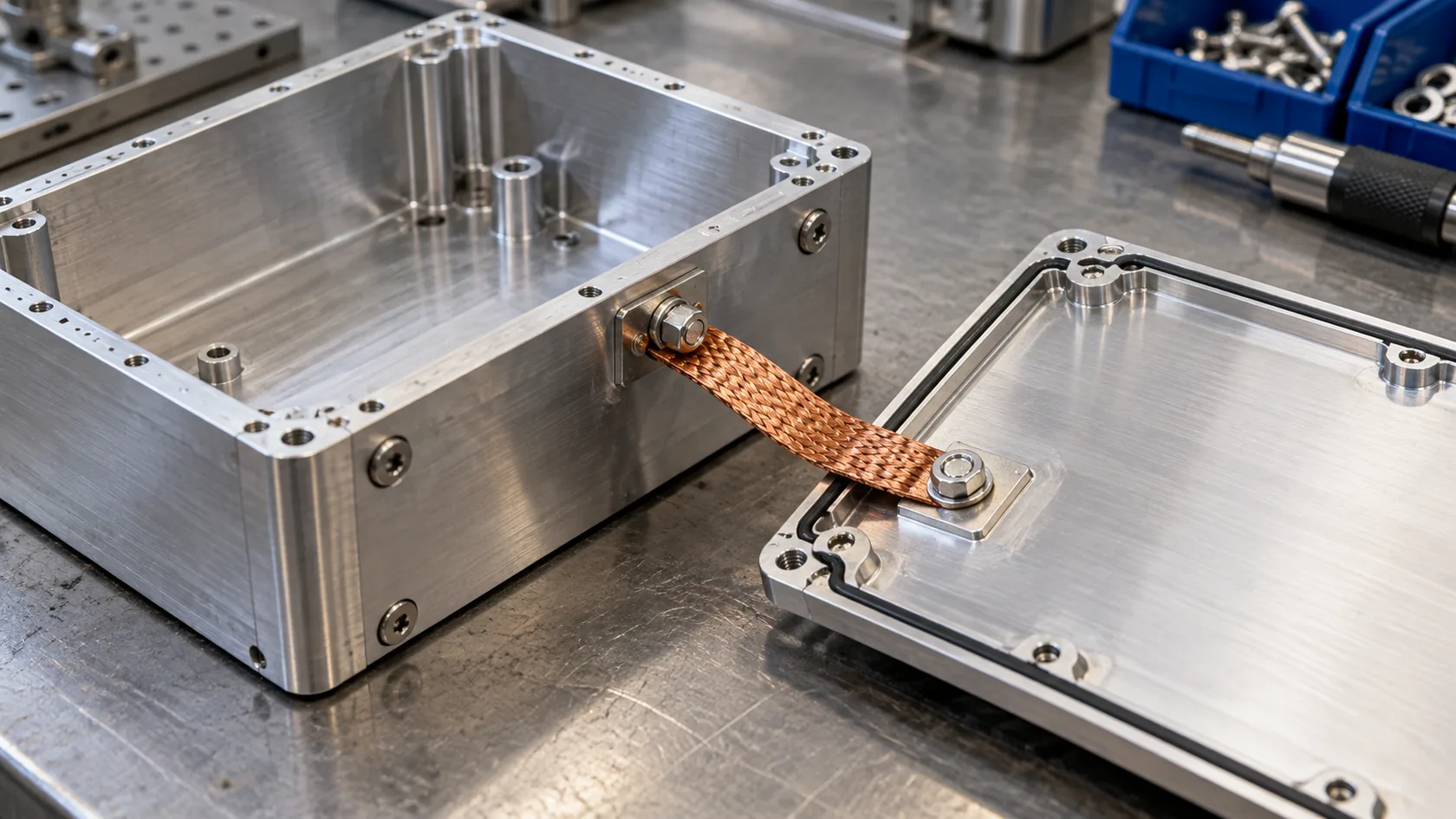 Removable aluminum enclosure lid connected to the base with a copper bonding strap