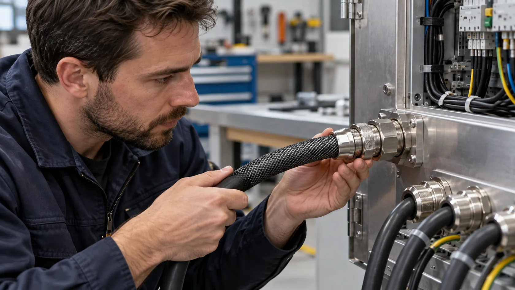 Technician inspecting a shielded cable connector on a metal enclosure