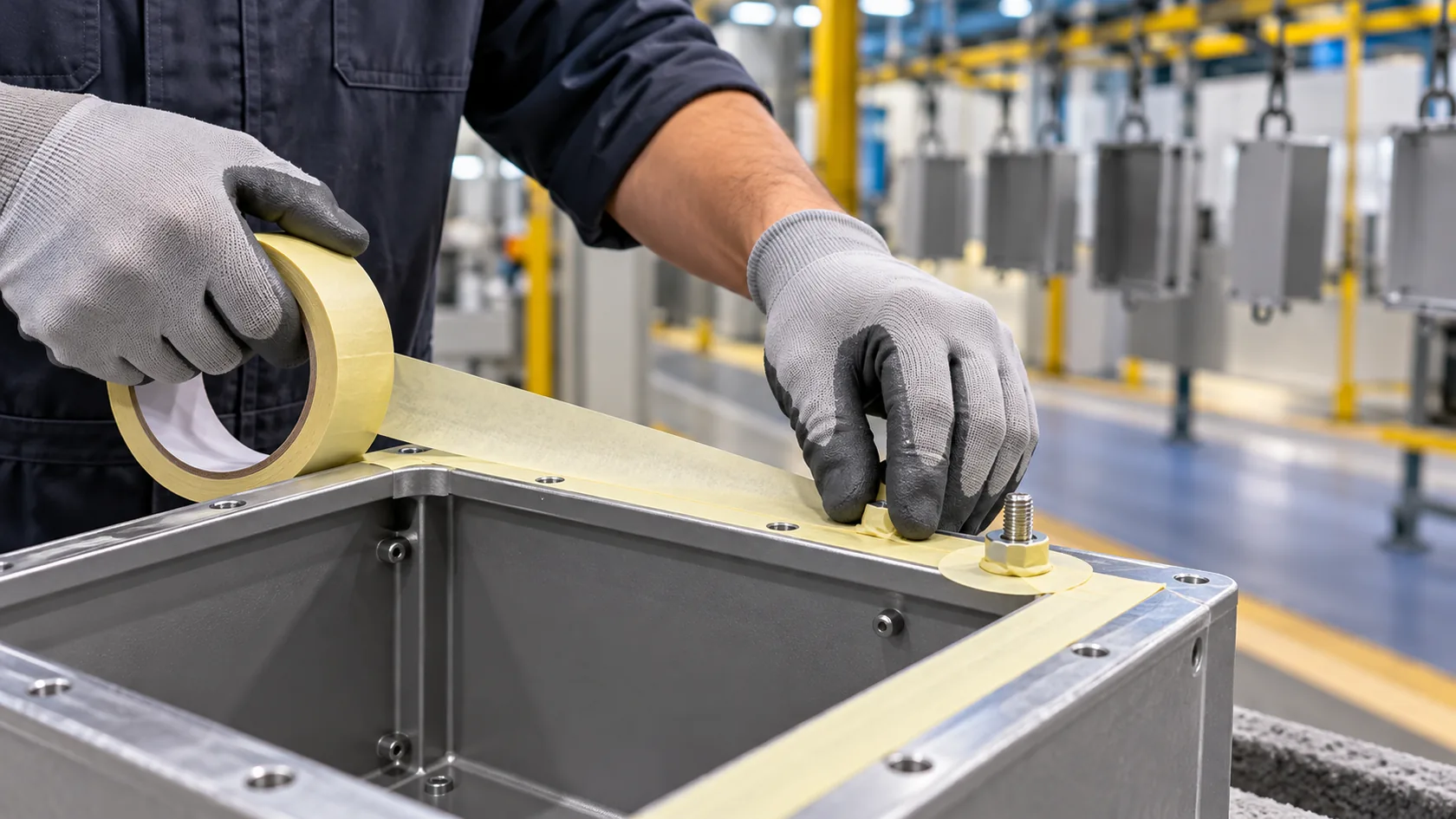 Technician masking enclosure contact lands before powder coating