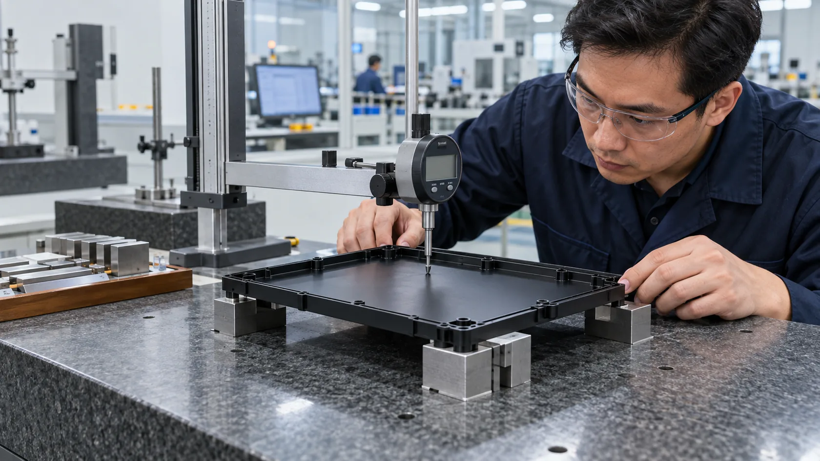 Quality engineer checking enclosure lid flatness after controlled cooling
