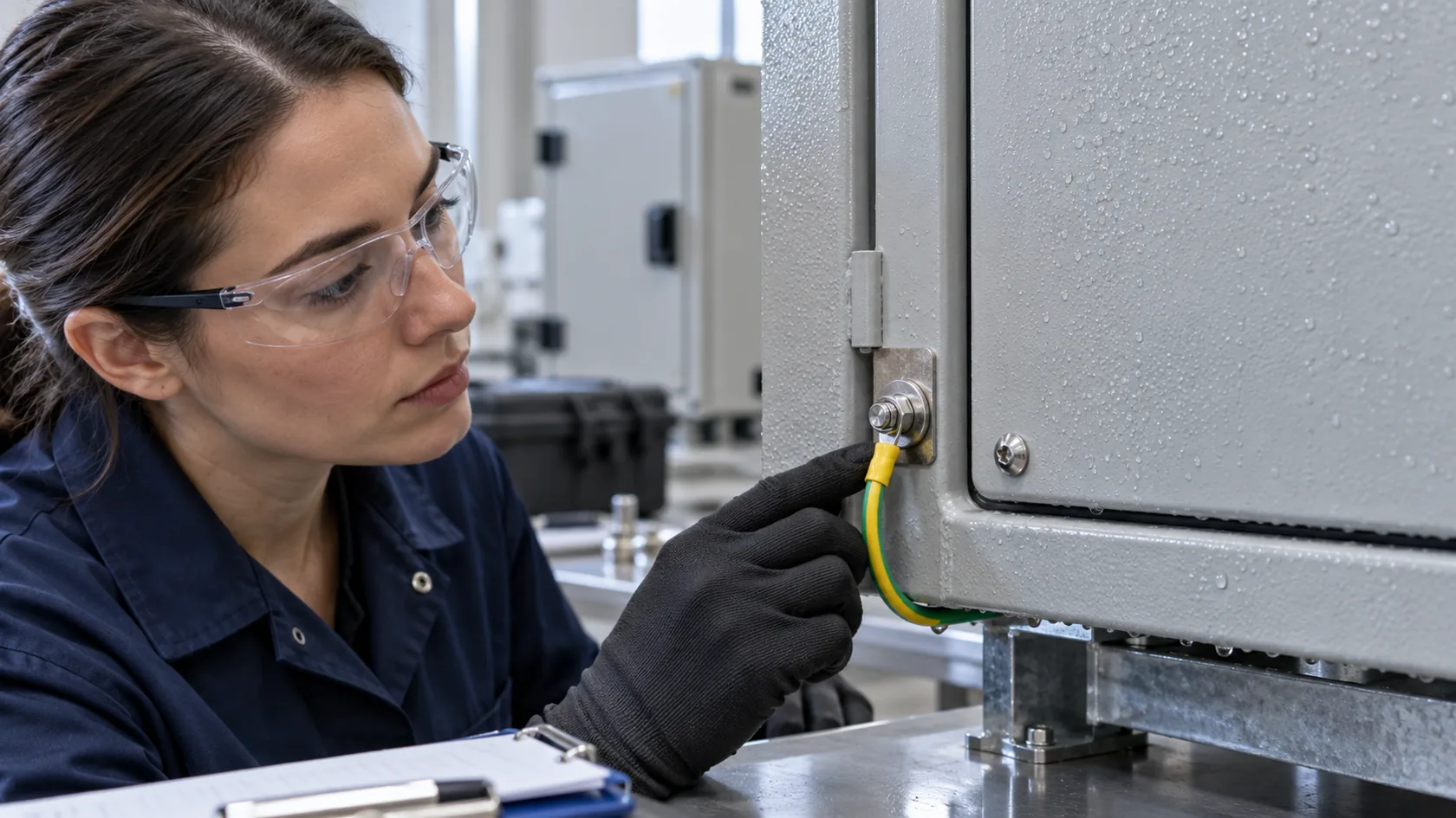 Quality engineer inspecting corrosion protection around an enclosure bonding point