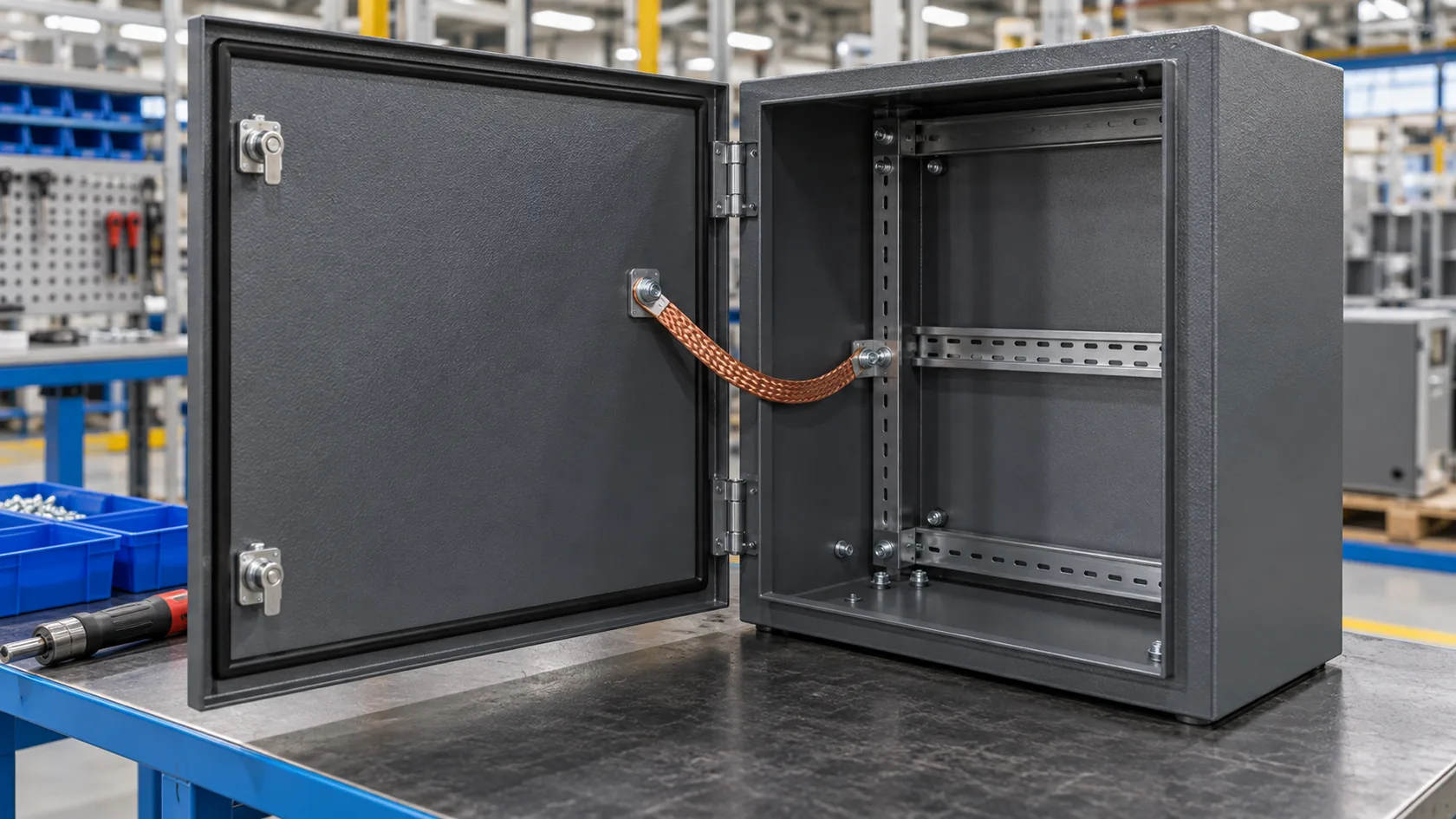 Powder-coated electrical enclosure door connected to the main chassis by a flexible braided bonding strap