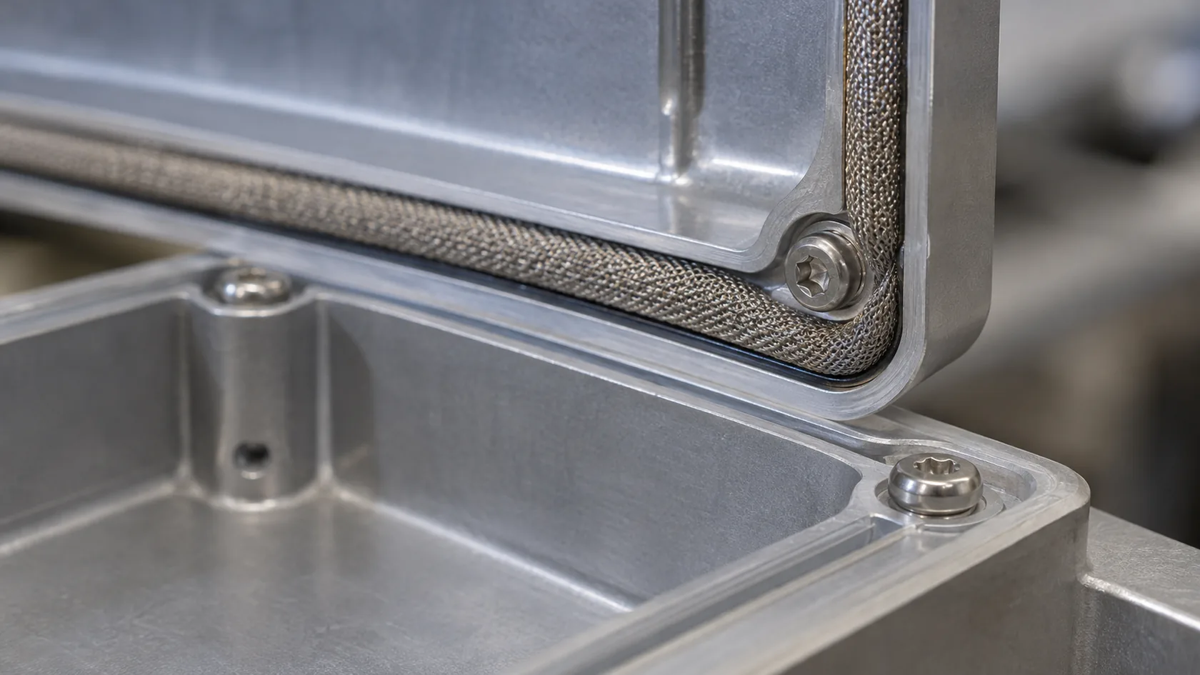 Conductive gasket on an aluminum enclosure flange during assembly