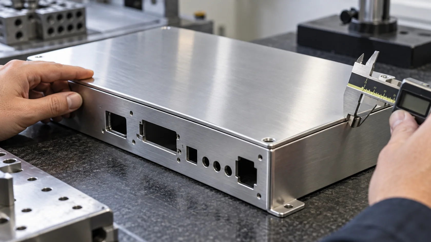 Sheet metal enclosure with narrow conductive seam and precision connector cutouts under inspection