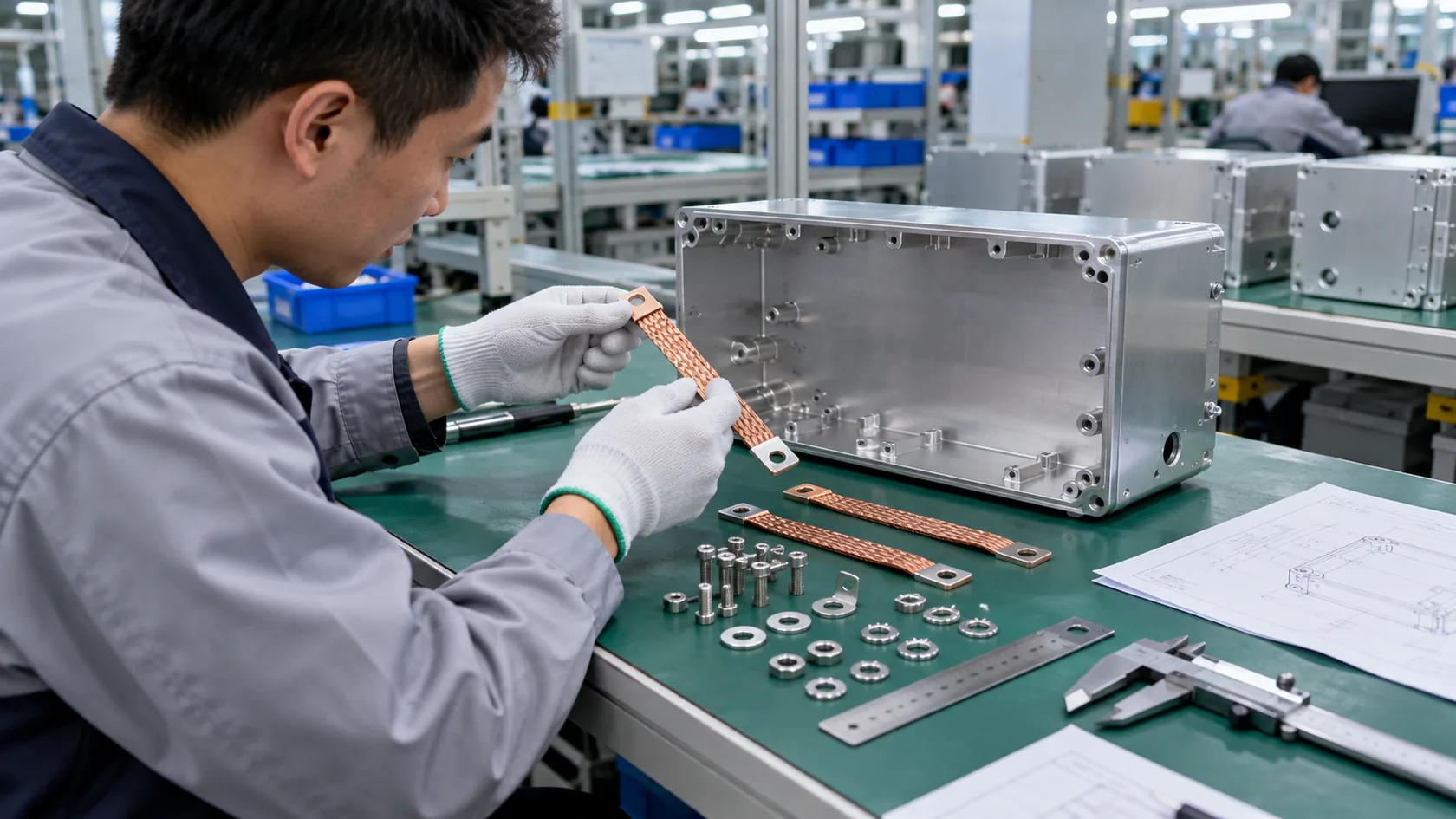 Quality inspector checking serrated washer and fastener stack on an aluminum chassis