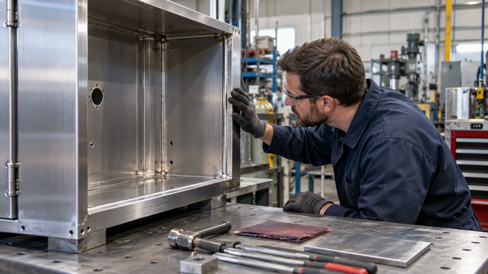 Technician inspecting stainless steel enclosure welds using clean dedicated tools