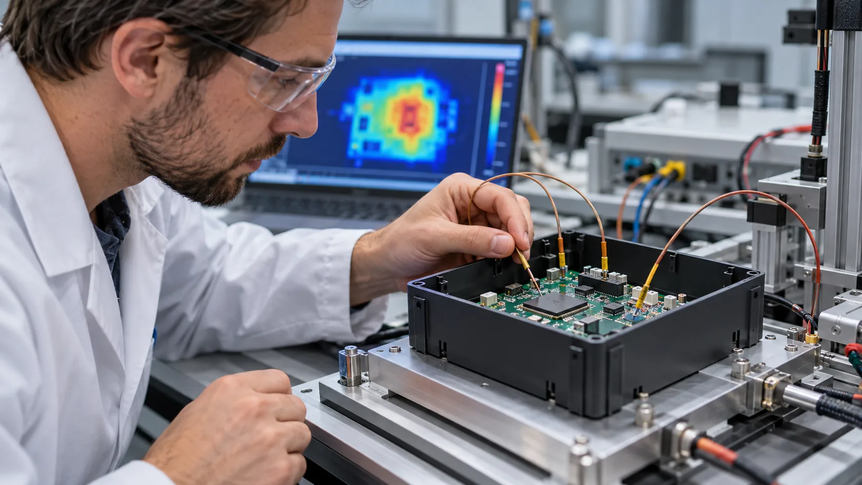 ABS enclosure prototype with PCB and thermal test probes on an engineering bench