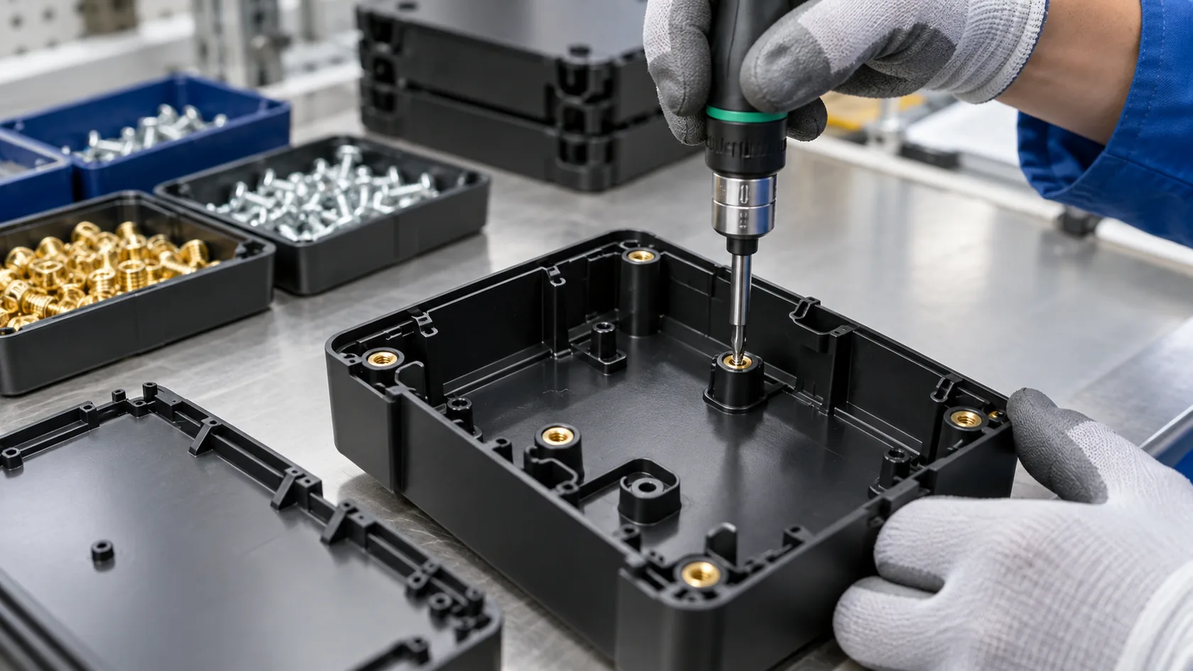 Close inspection of plastic enclosure snap fits screw bosses and threaded inserts