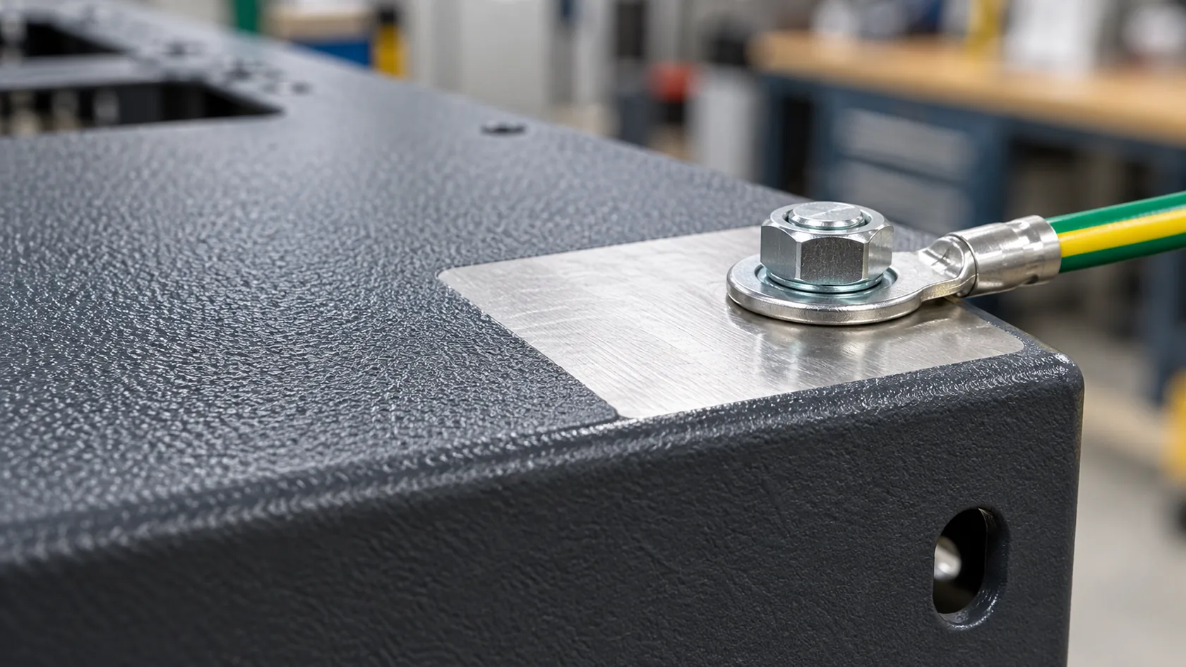 Close view of a precisely masked bare-metal grounding land on a textured powder-coated enclosure chassis