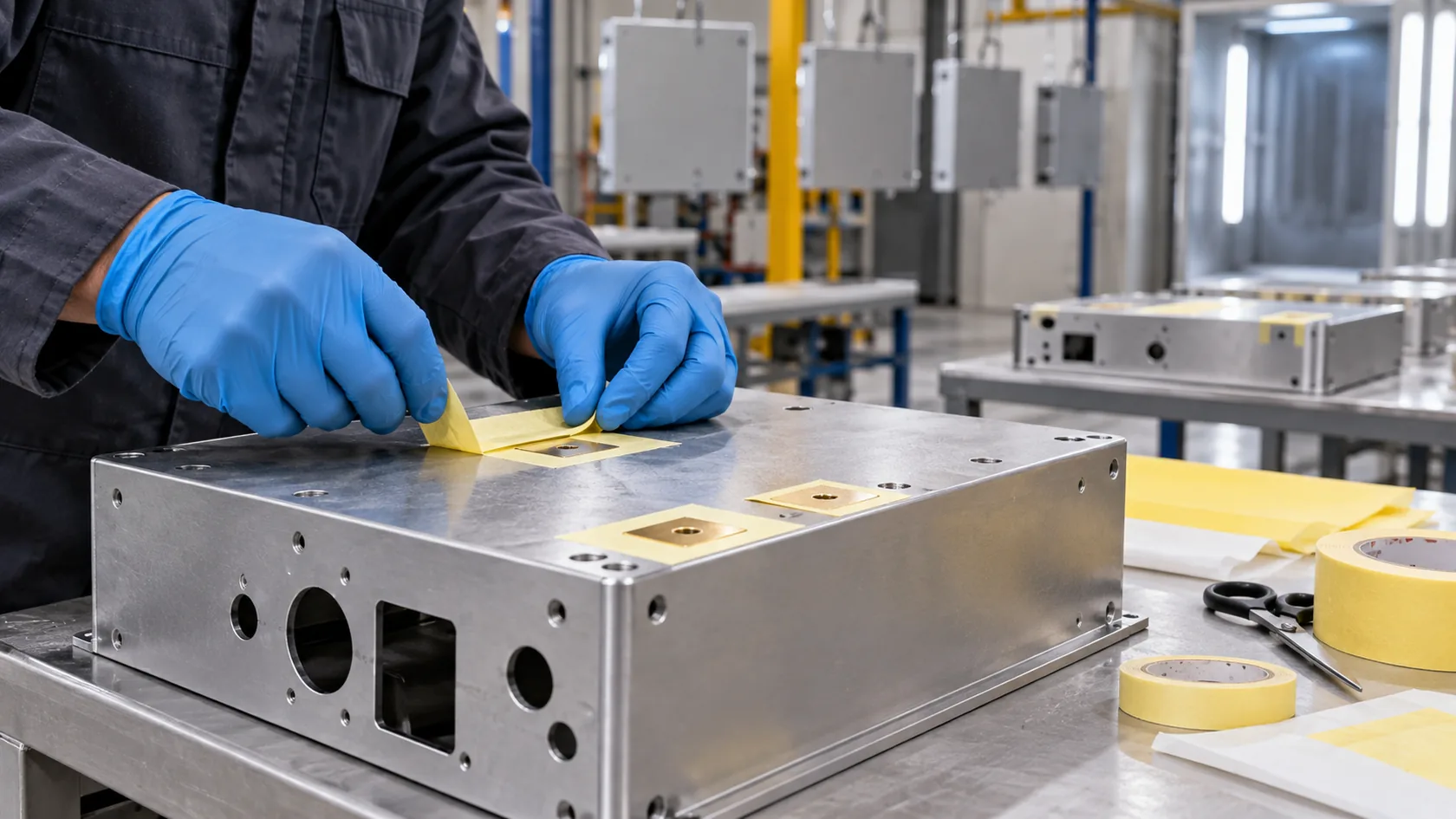 Factory technician masking electrical contact lands before powder coating an industrial enclosure