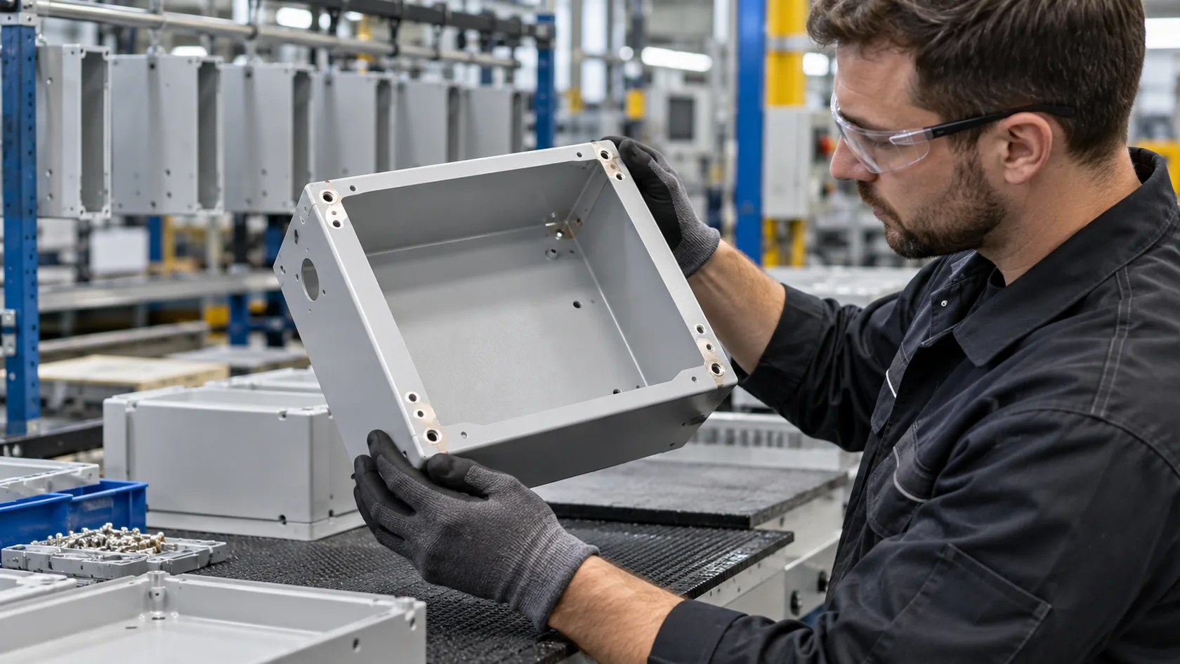 Powder-coated enclosure with masked bare-metal bonding lands around fasteners