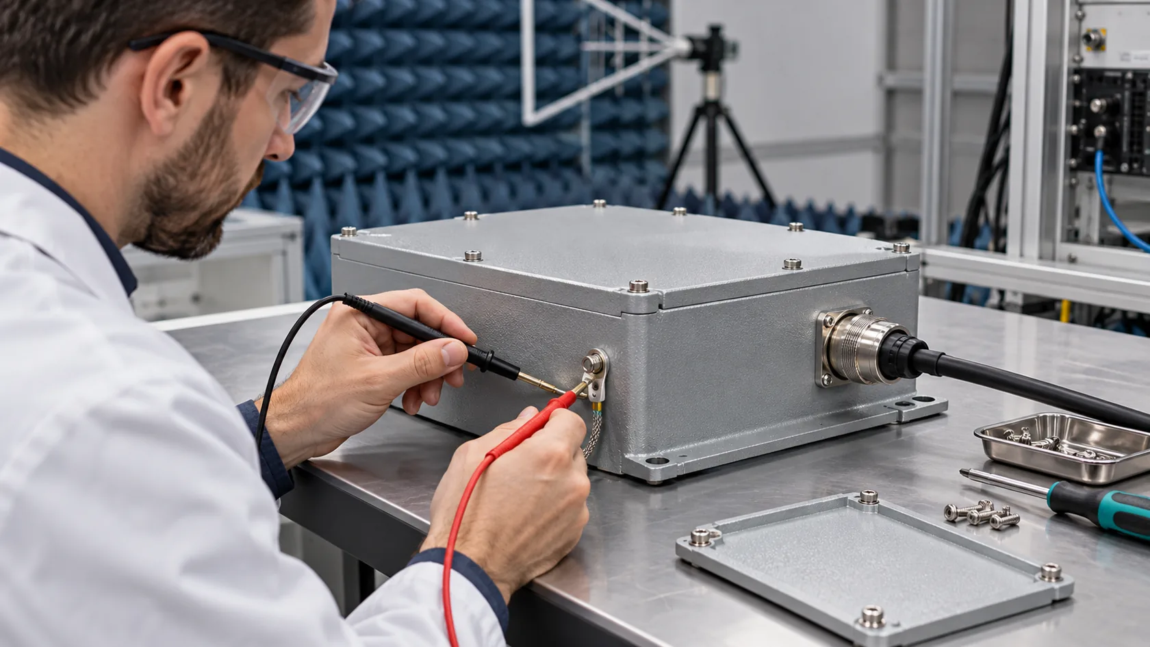 Quality technician checking an assembled powder-coated enclosure bonding point