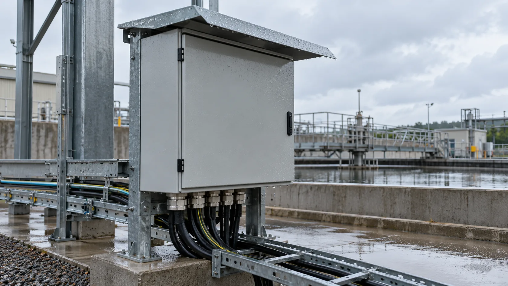 Outdoor electrical cabinet with cable entries and sheltered installation in wet weather