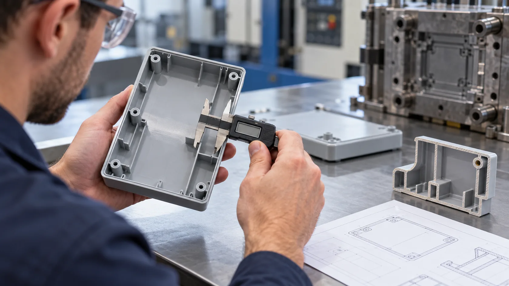 Injection mold technician measuring uniform wall thickness and ribs on a plastic enclosure part