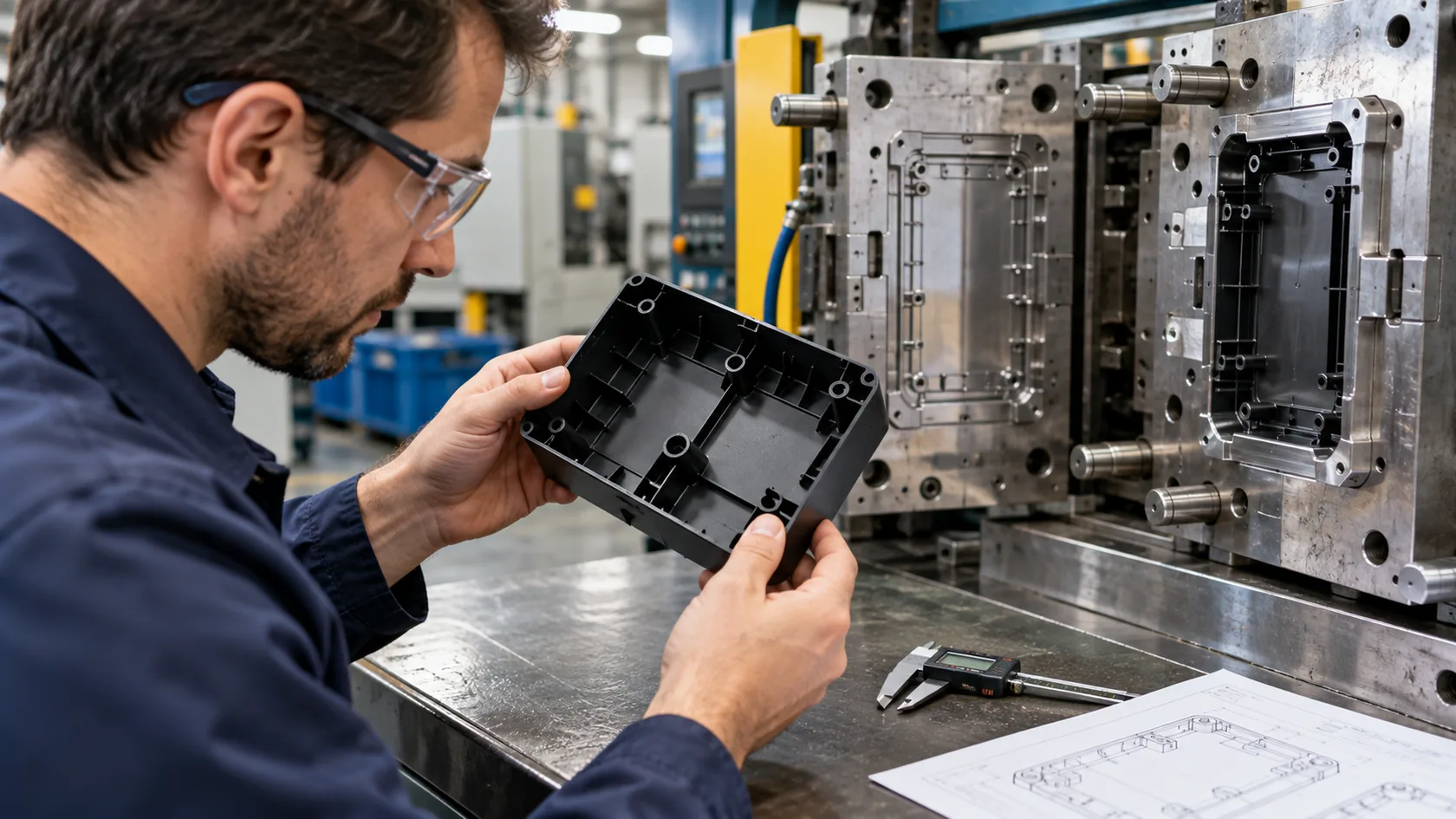 Technician inspecting ABS enclosure ribs screw bosses and wall thickness beside an injection mold